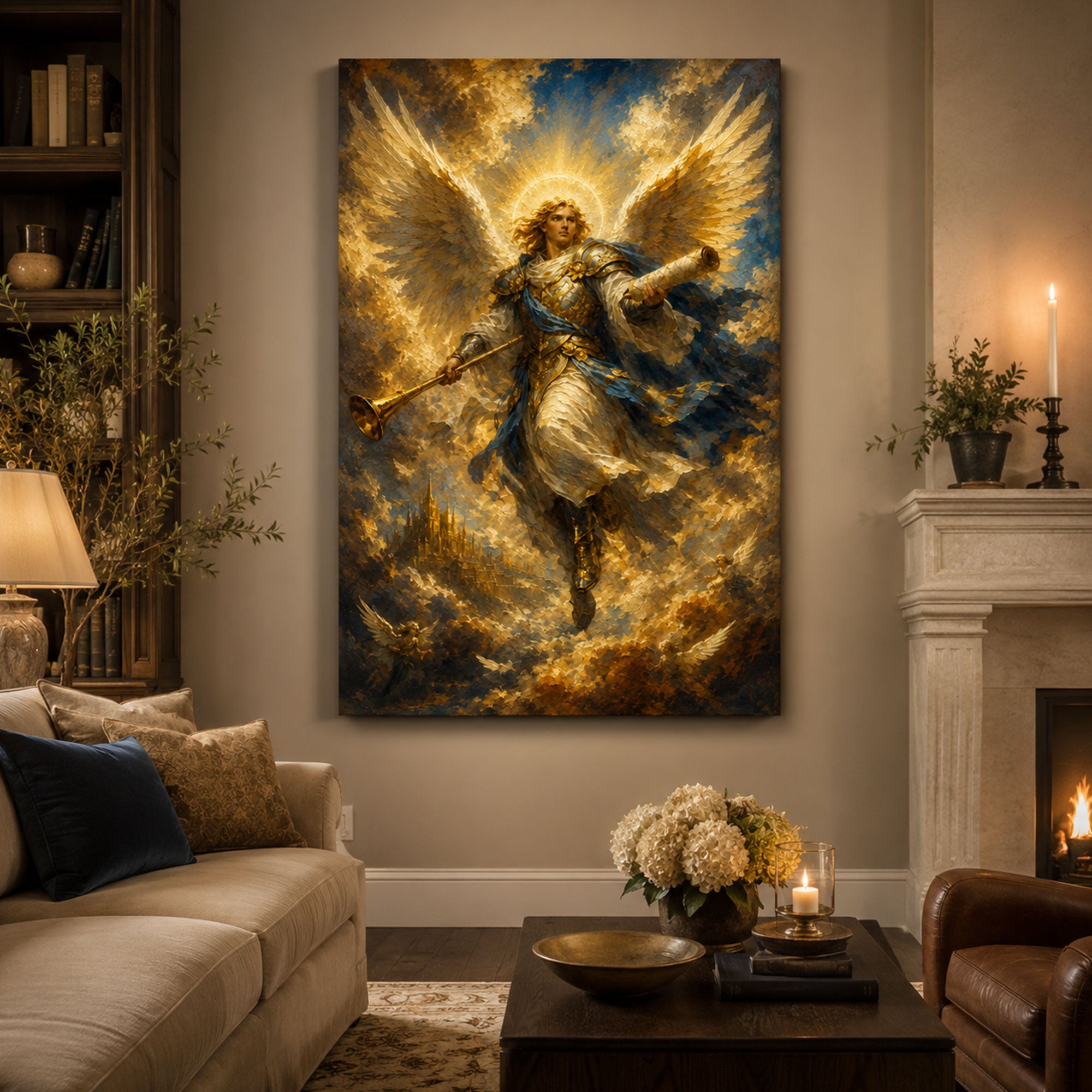 Archangel with Trumpet Canvas Print, Christian Angel Wall Art, Faith Home Decor