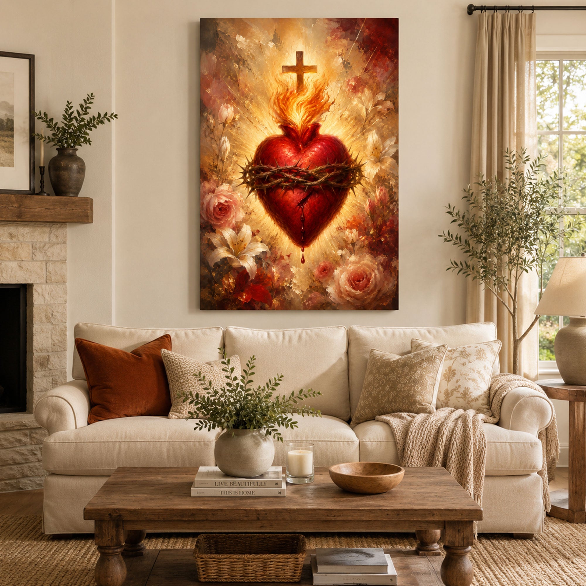 Sacred Heart of Jesus Canvas Print, Flaming Heart with Crown of Thorns Catholic Wall Art, Christian Religious Home Decor Gift