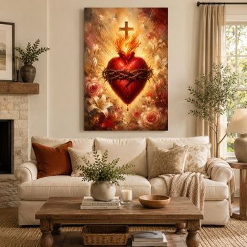 Sacred Heart of Jesus Canvas Print, Flaming Heart with Crown of Thorns Catholic Wall Art, Christian Religious Home Decor Gift