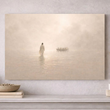 Jesus Walking on Water Large Canvas Print, Minimalist Christian Wall Art, Modern Neutral Faith Home Decor