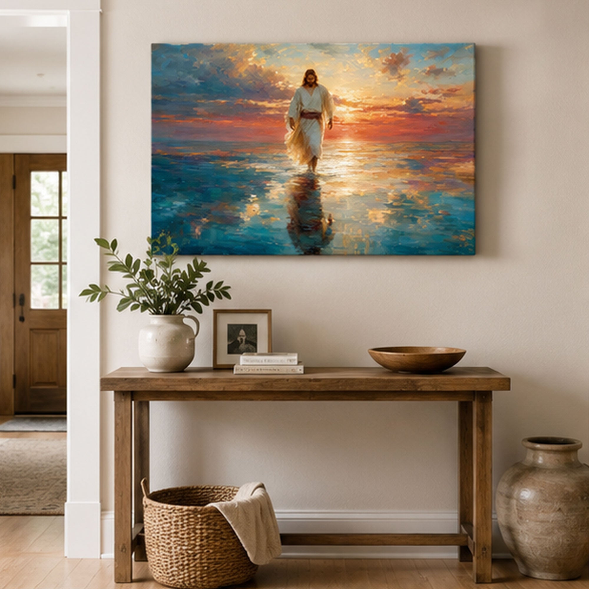 Jesus Walking on Water at Sunset Canvas Print, Christian Home Decor