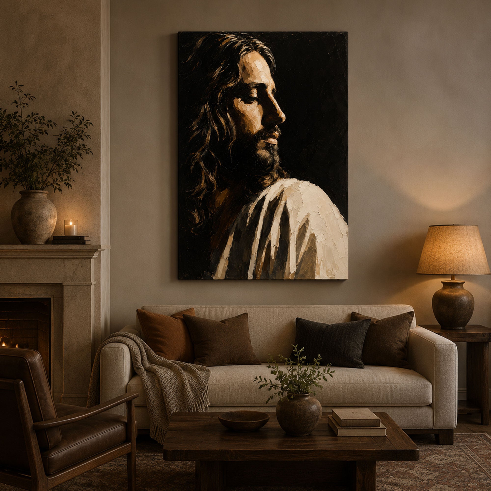 Jesus Profile Portrait Canvas Print, Dark Christian Wall Art, Faith Home Decor