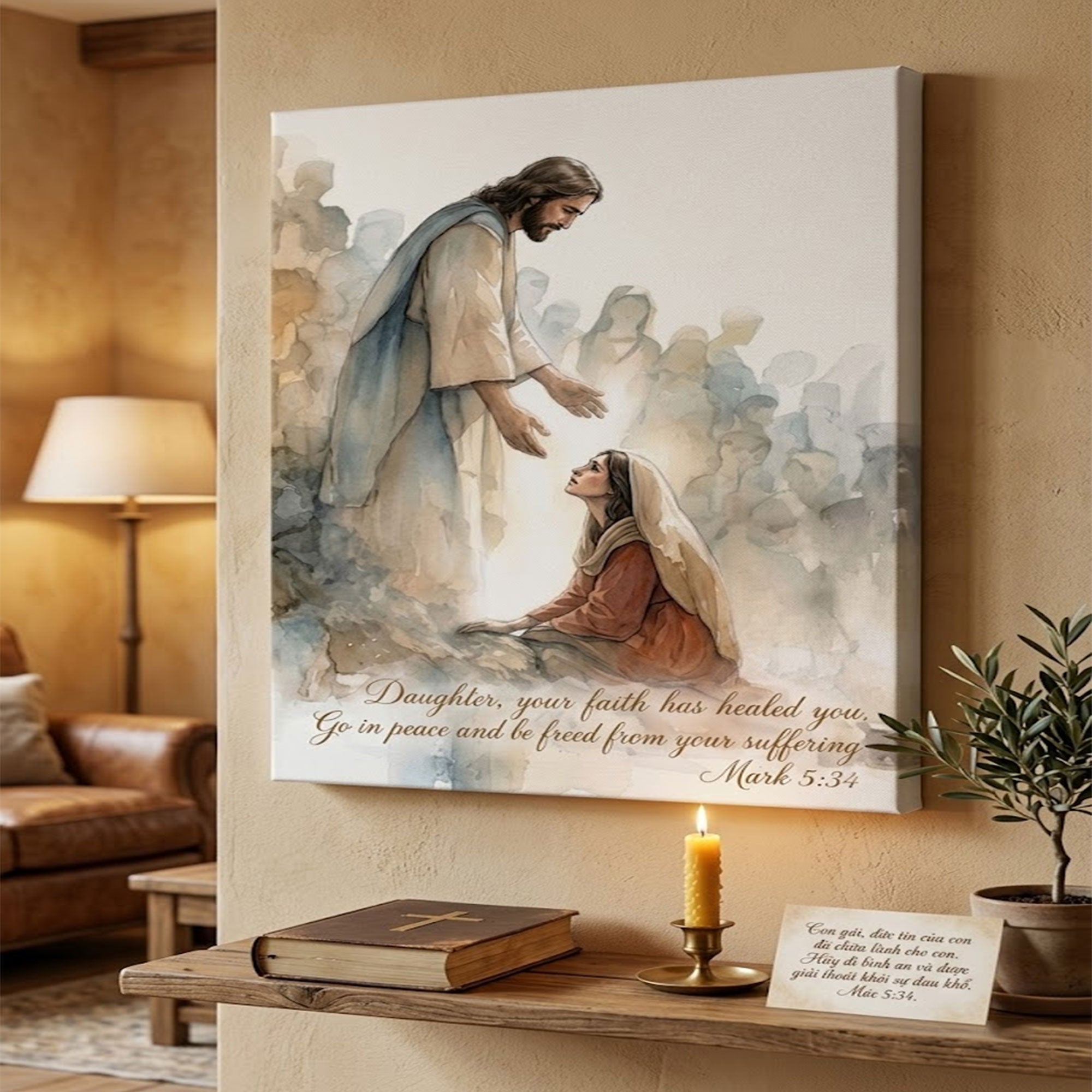“Daughter, Your Faith Has Healed You” Mark 5:34 Canvas Print, Jesus Healing Woman Wall Art, Christian Scripture Decor