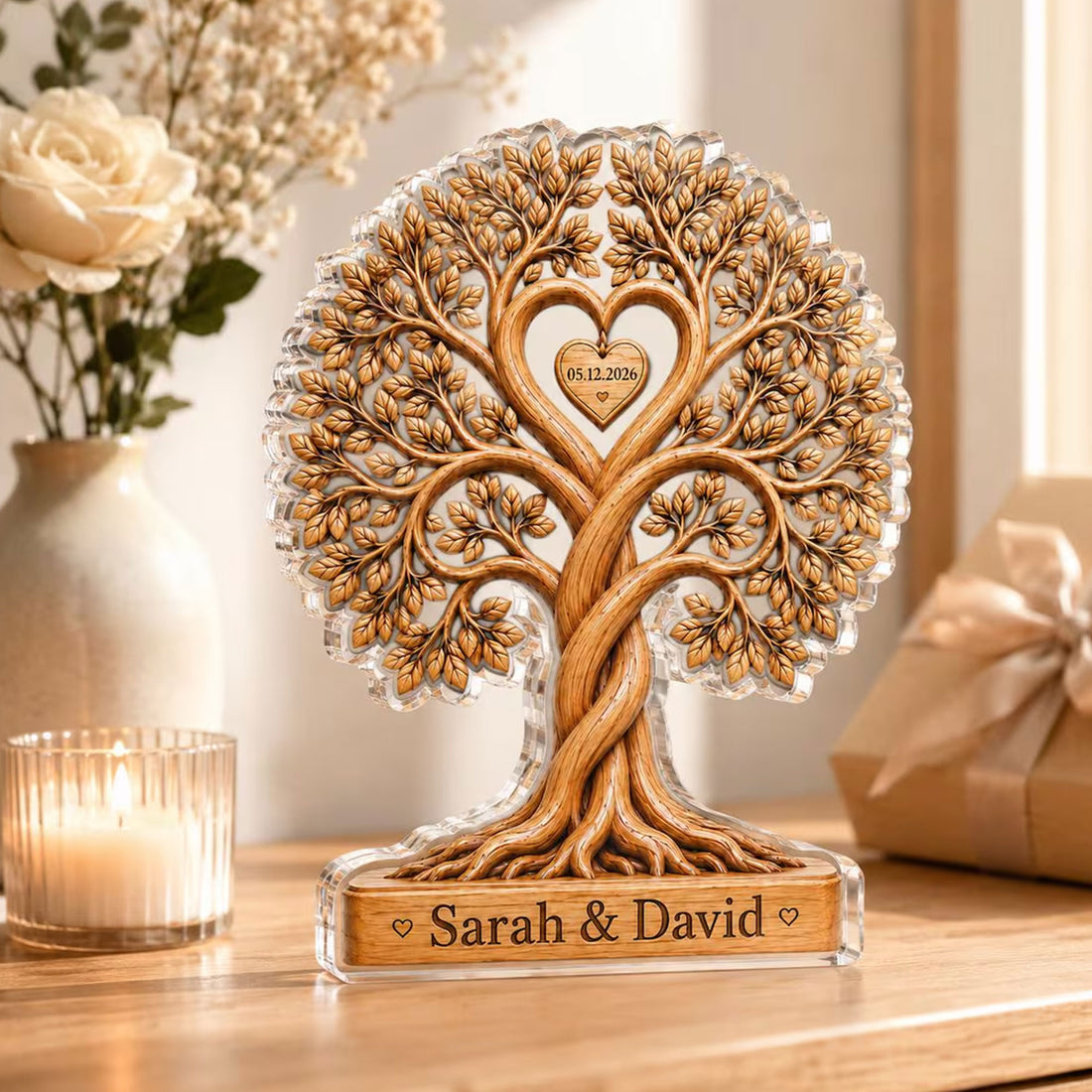 Personalized Couple Heart Tree Acrylic Block – Custom Couple Gift – Engraved Name Acrylic Decor – Anniversary Gift for Him Her