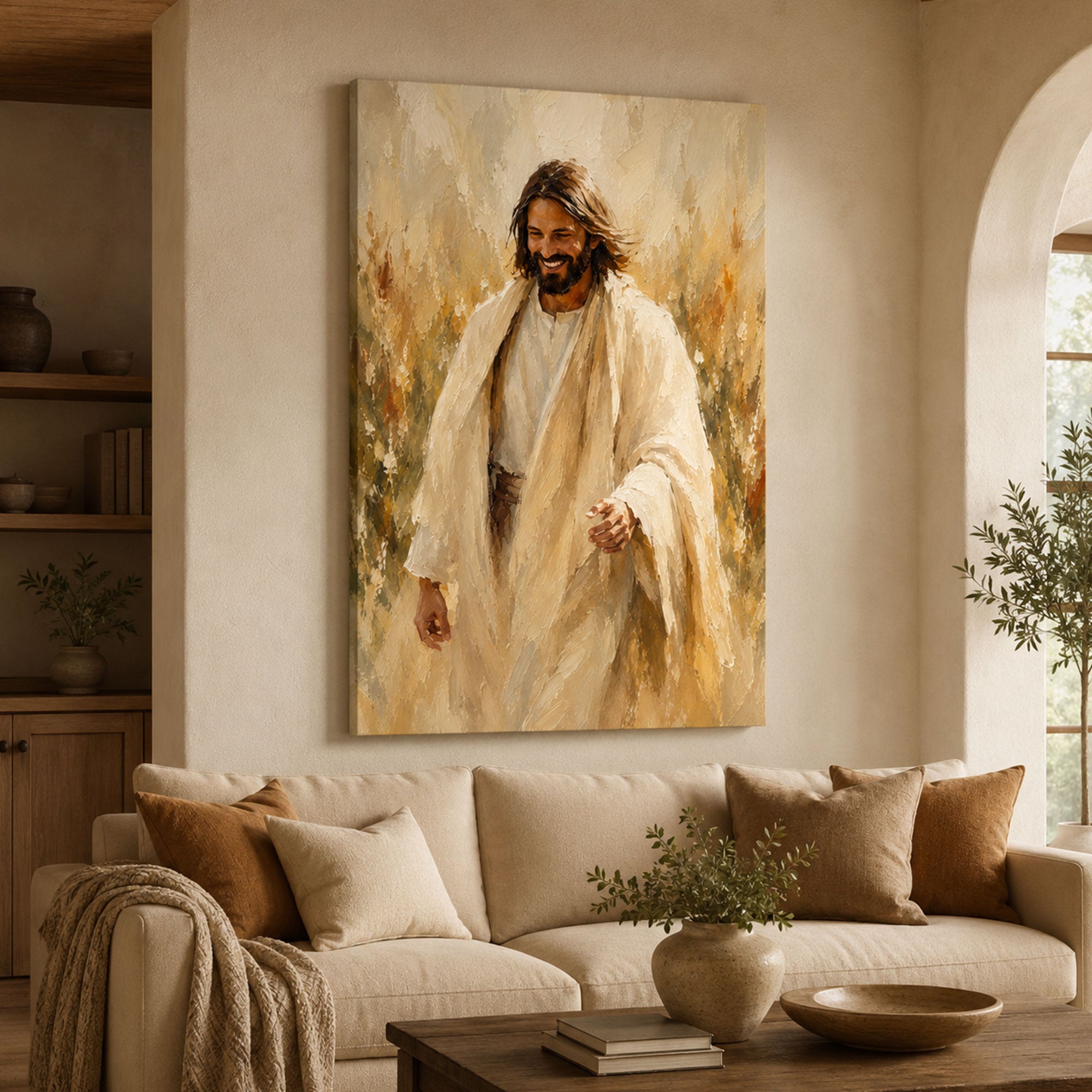 Smiling Jesus Canvas Print, Peaceful Christian Wall Art, Warm Faith Home Decor