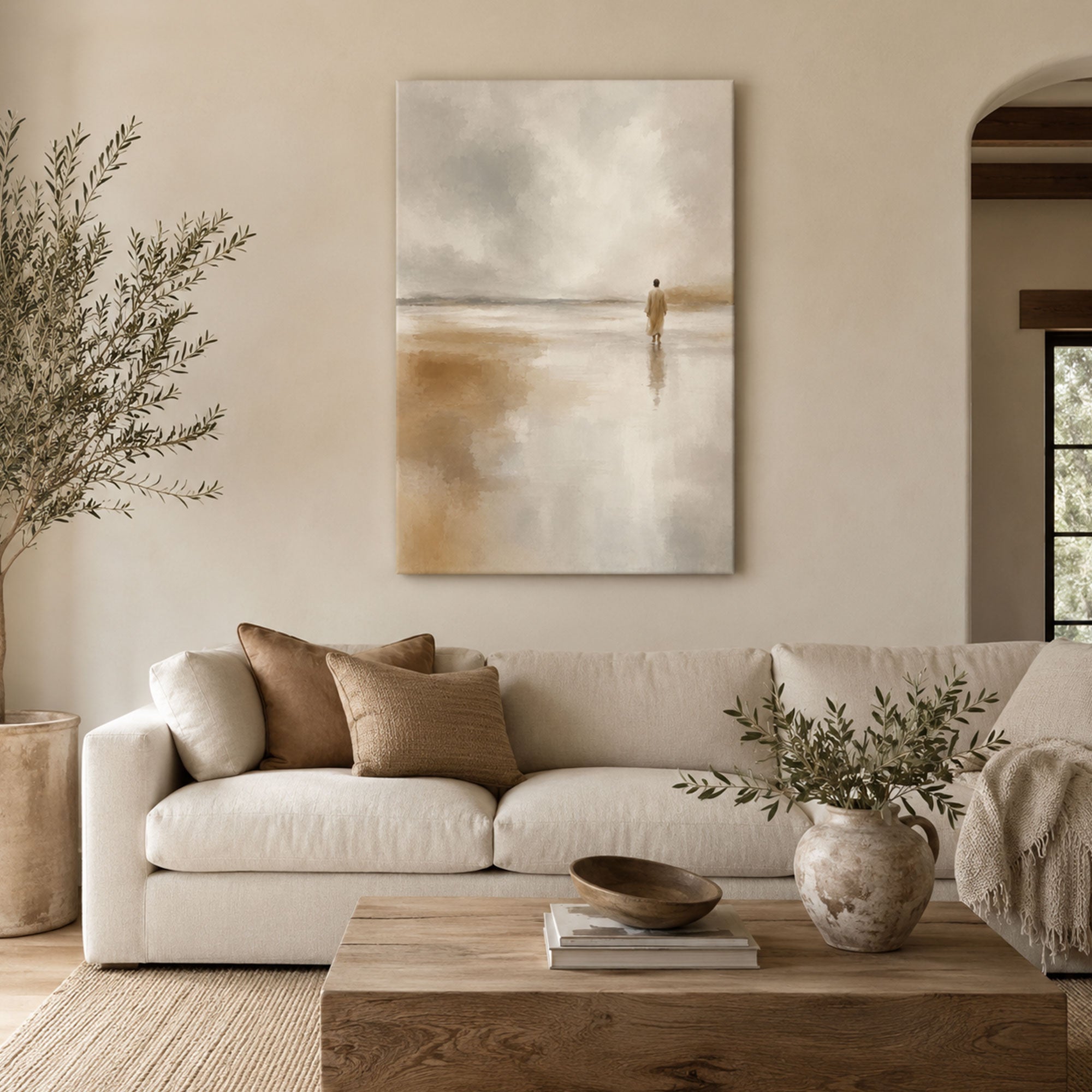 Peaceful Jesus Seascape Canvas Print, Christian Faith Wall Art, Neutral Home Decor