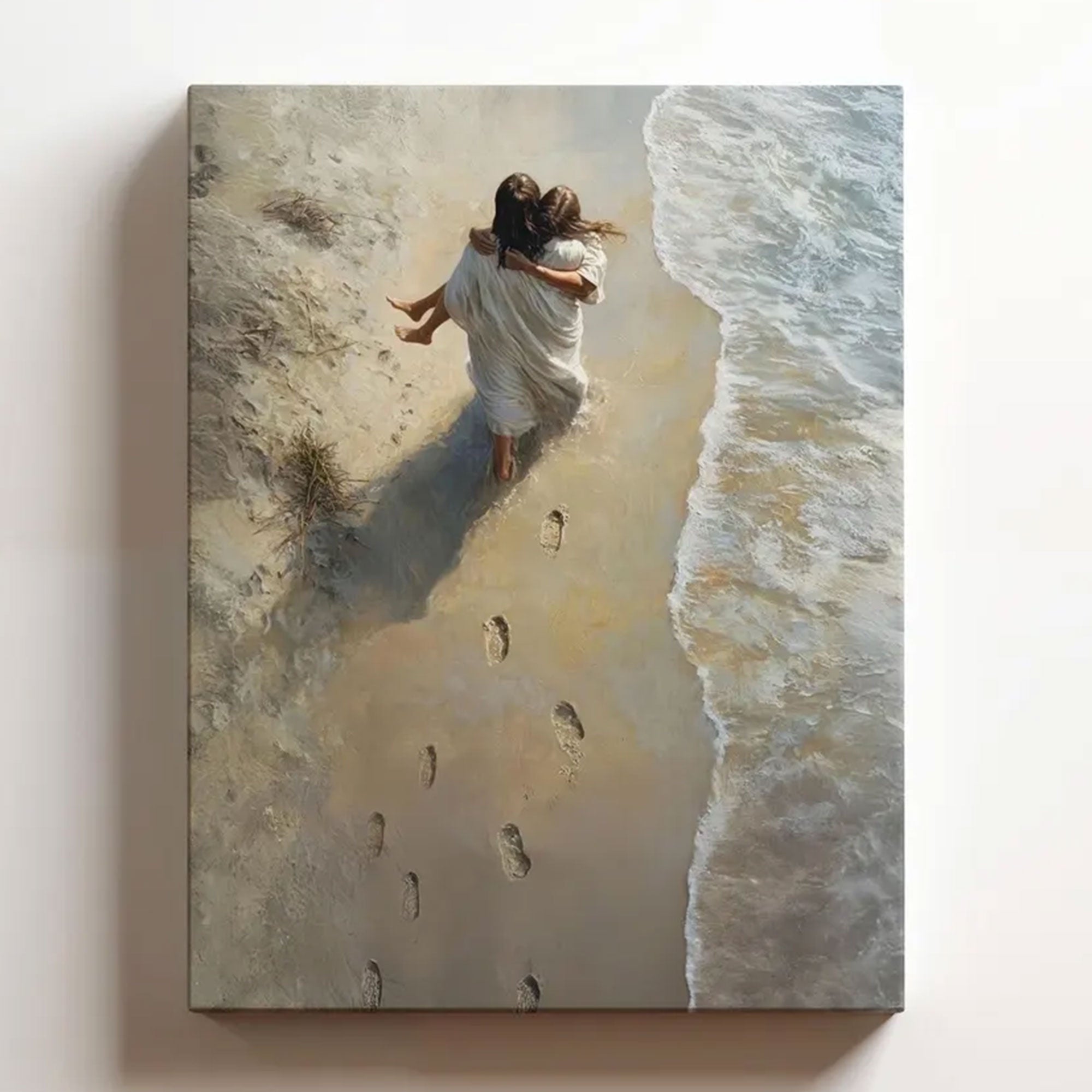 He Carried Me Canvas Print, Jesus Christ Portrait, Footprints in the Sand, Christian Wall Art, Framed Canvas