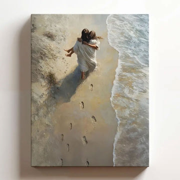 He Carried Me Canvas Print, Jesus Christ Portrait, Footprints in the Sand, Christian Wall Art, Framed Canvas
