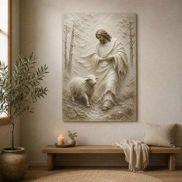Good Shepherd Jesus with Lamb Canvas Print, White Bas Relief Christian Wall Art, Peaceful Faith Home Decor