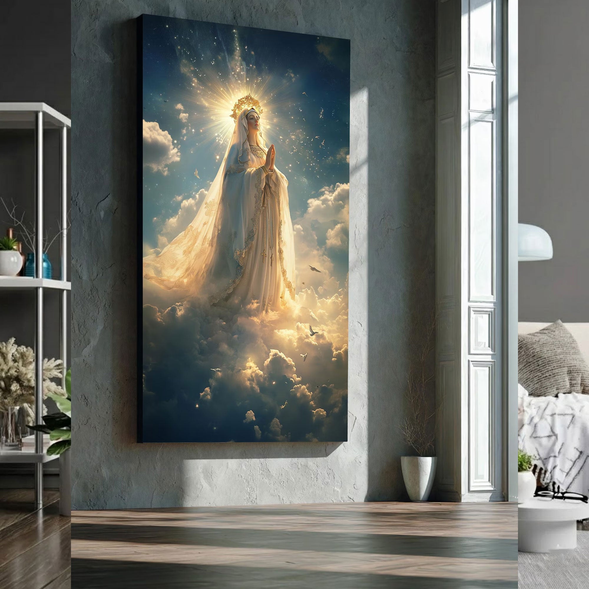 Heavenly Virgin Mary Canvas Print, Praying in the Clouds Wall Art, Golden Halo Light, Catholic Christian Home Decor