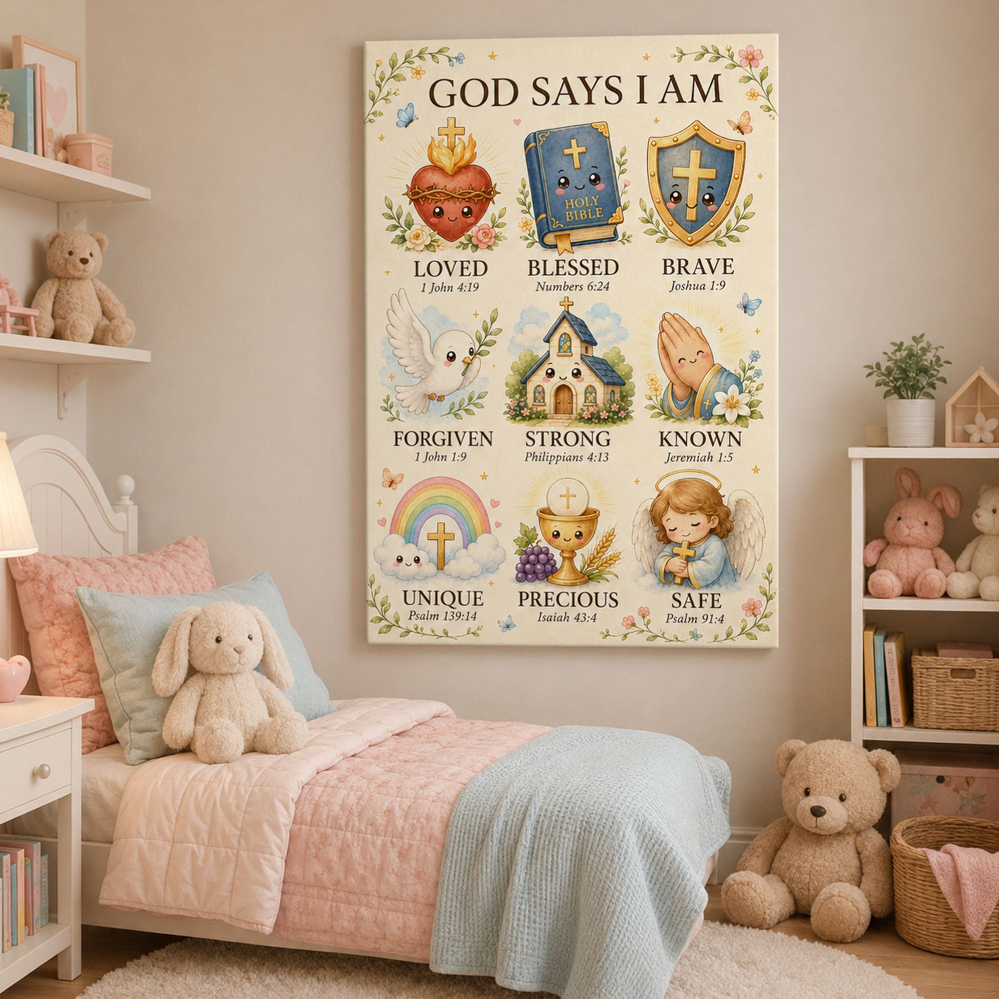 God Says I Am Christian Kids Canvas Print Catholic Affirmation Wall Art Bible Verse Nursery Decor