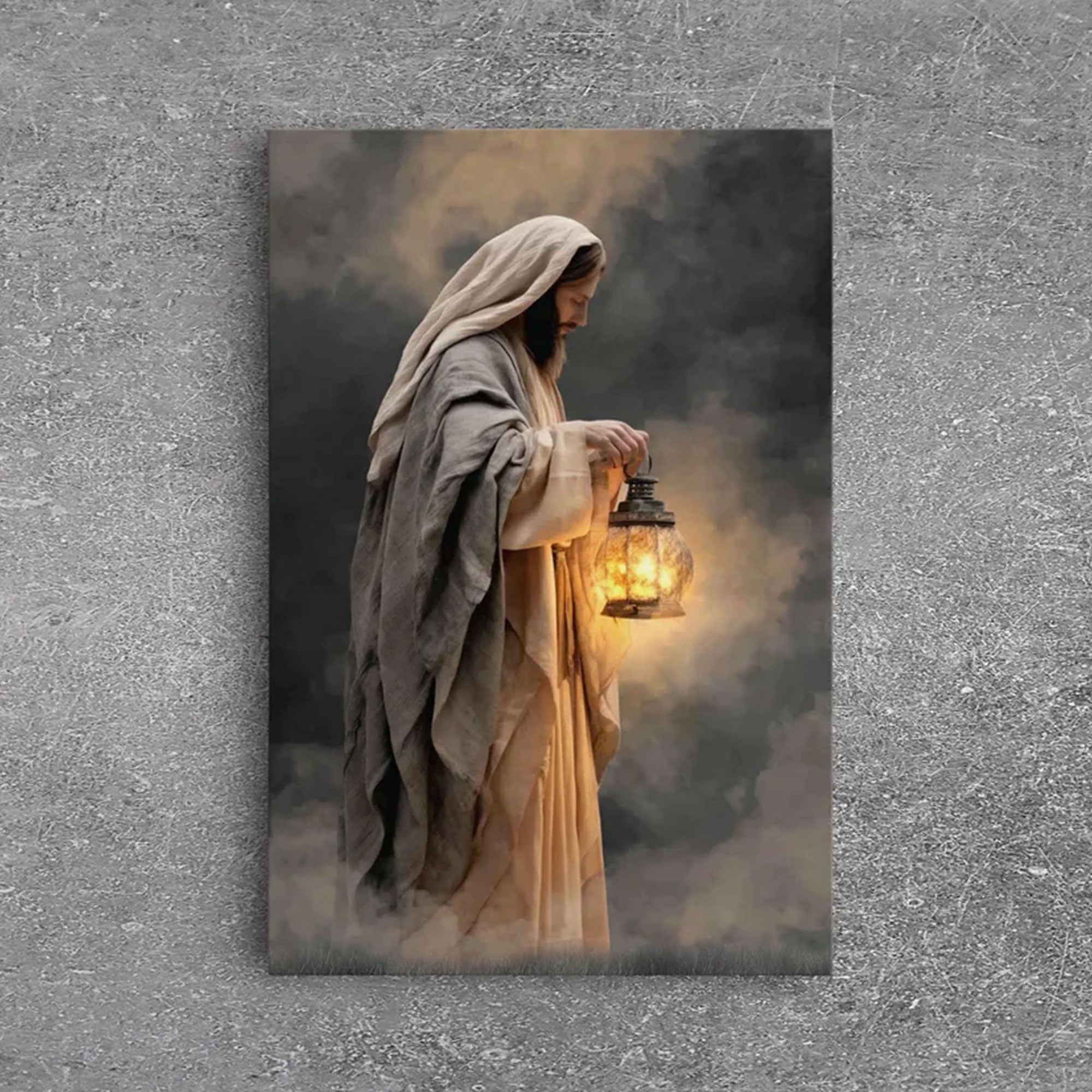 Guiding Lantern Framed Canvas Print, Moody Christian Wall Art, Jesus Painting Faith Home Decor