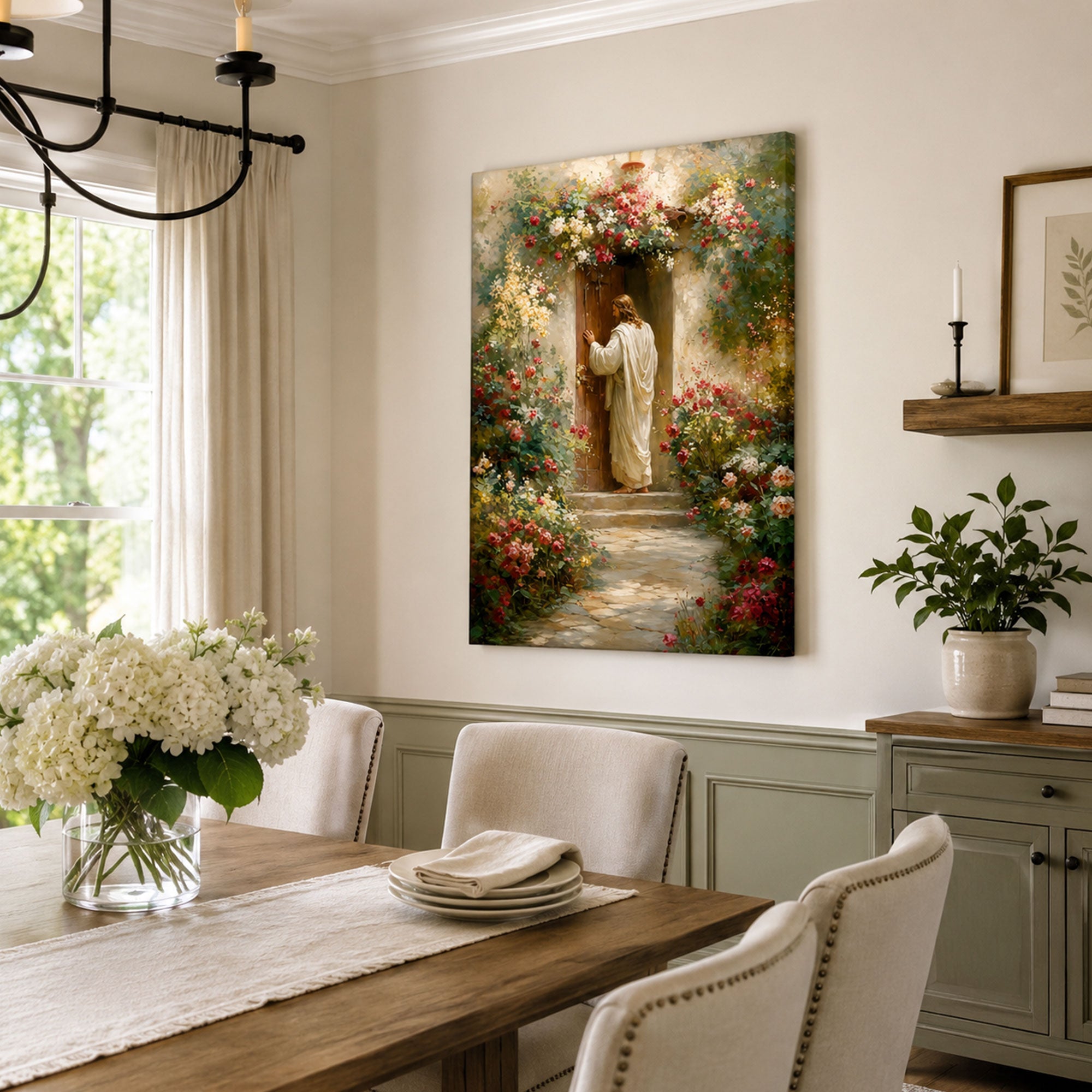 Jesus Knocking at the Garden Door Canvas Print, Christian Open Door Wall Art, Floral Faith Home Decor Gift