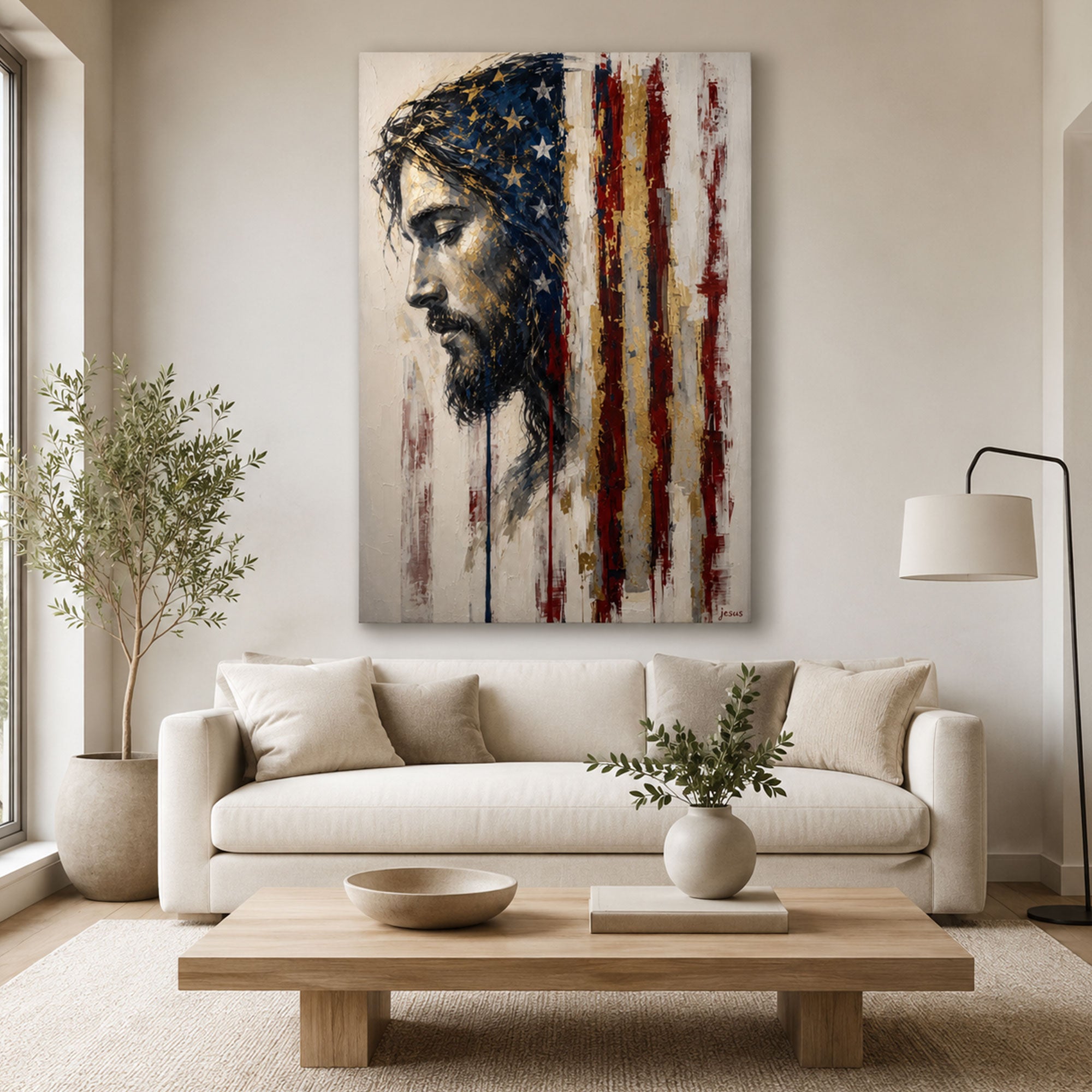 Patriotic Jesus American Flag Canvas Print, Christian USA Wall Art, Modern Faith Home Decor