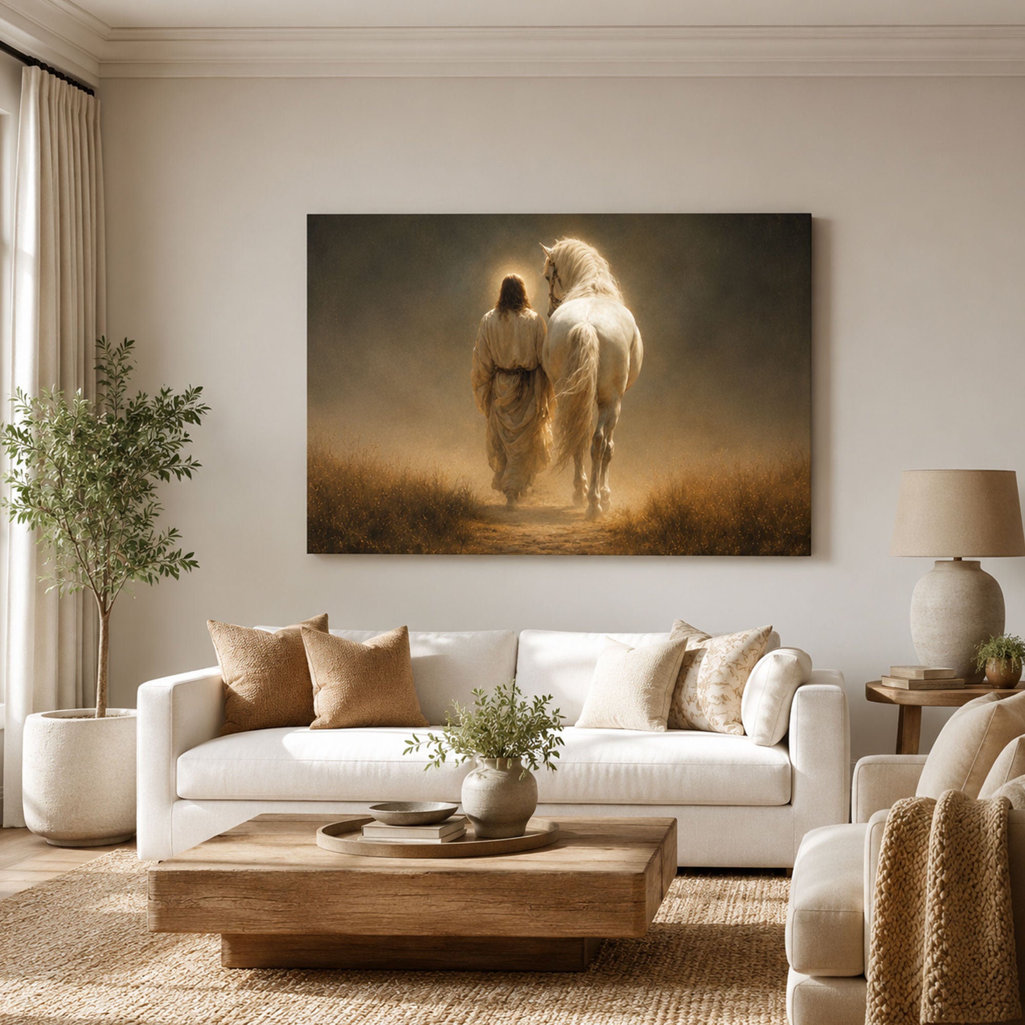 Jesus Walking Beside a White Horse Canvas Print, Golden Christian Faith Art
