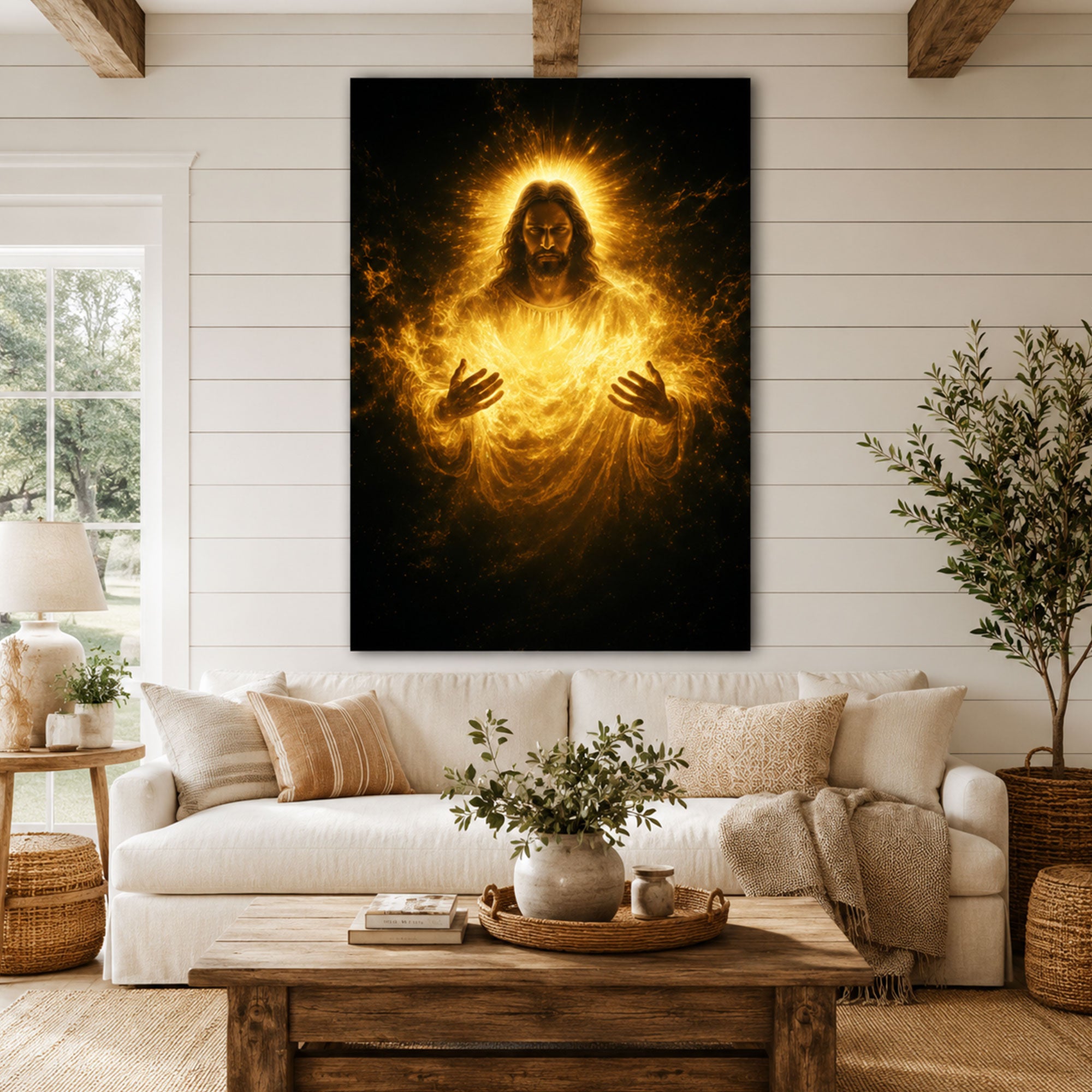 Glowing Jesus Christ Canvas Wall Art Radiant Divine Light Christian Faith Home Decor