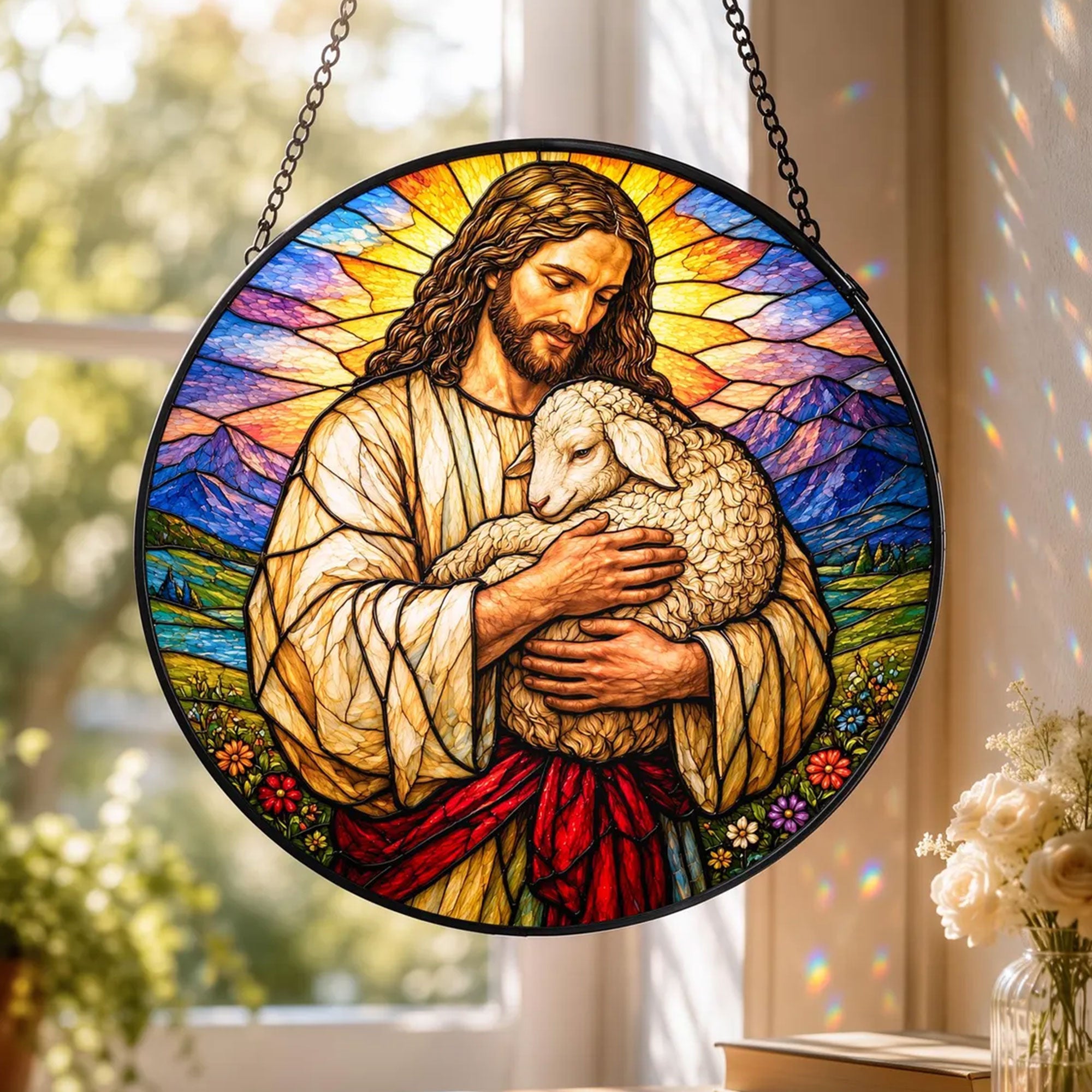 Jesus Holding Lamb Suncatcher, Good Shepherd Christian Window Decor, Faith Gift