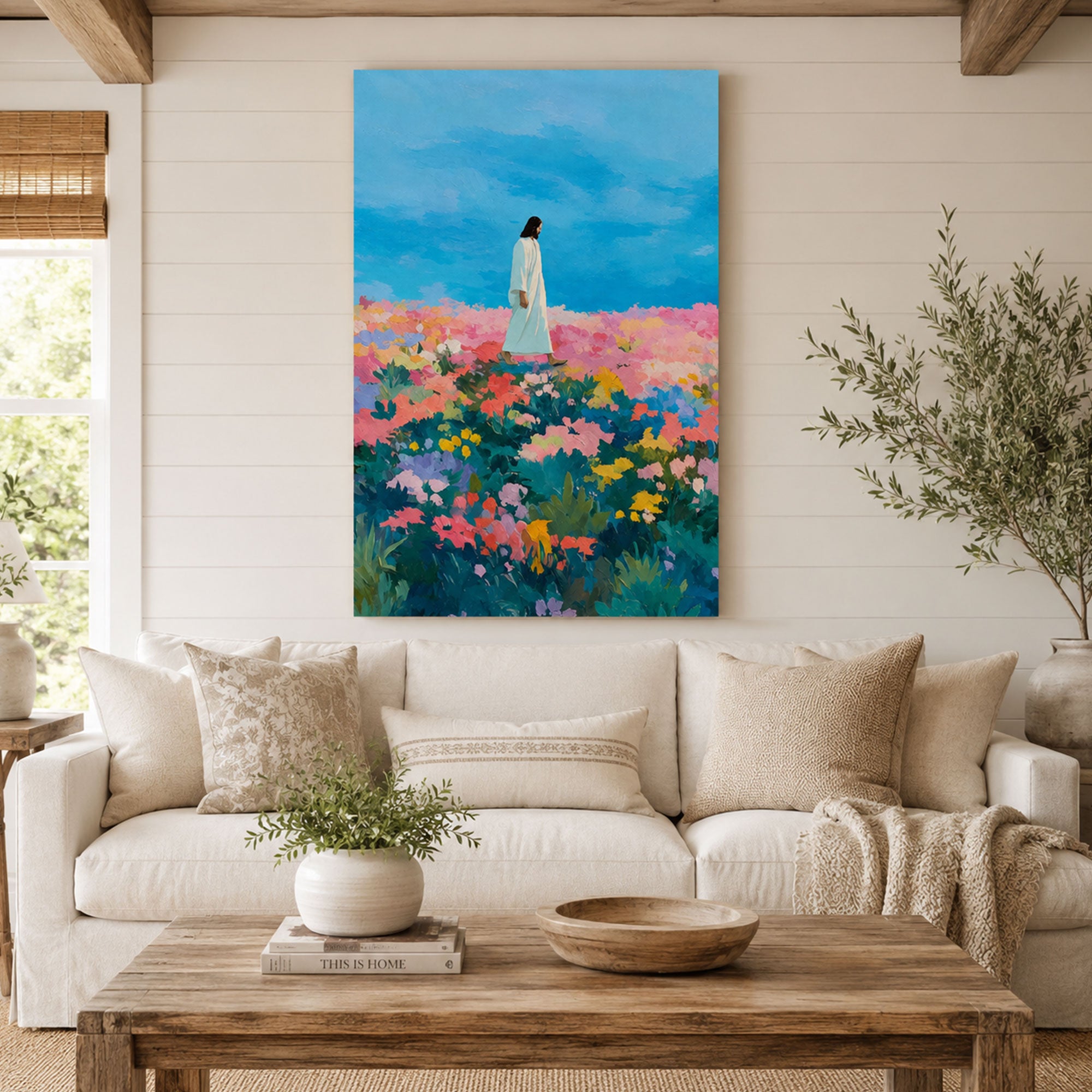 Jesus in Colorful Flower Field Canvas Print, Impressionist Christian Wall Art, Inspirational Faith Home Decor