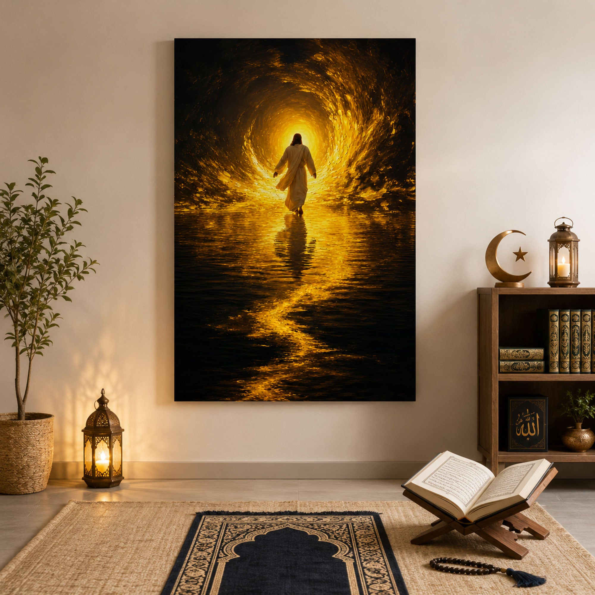 Jesus Walking on Water Canvas Print, Golden Light Christian Wall Art, Faith Home Decor