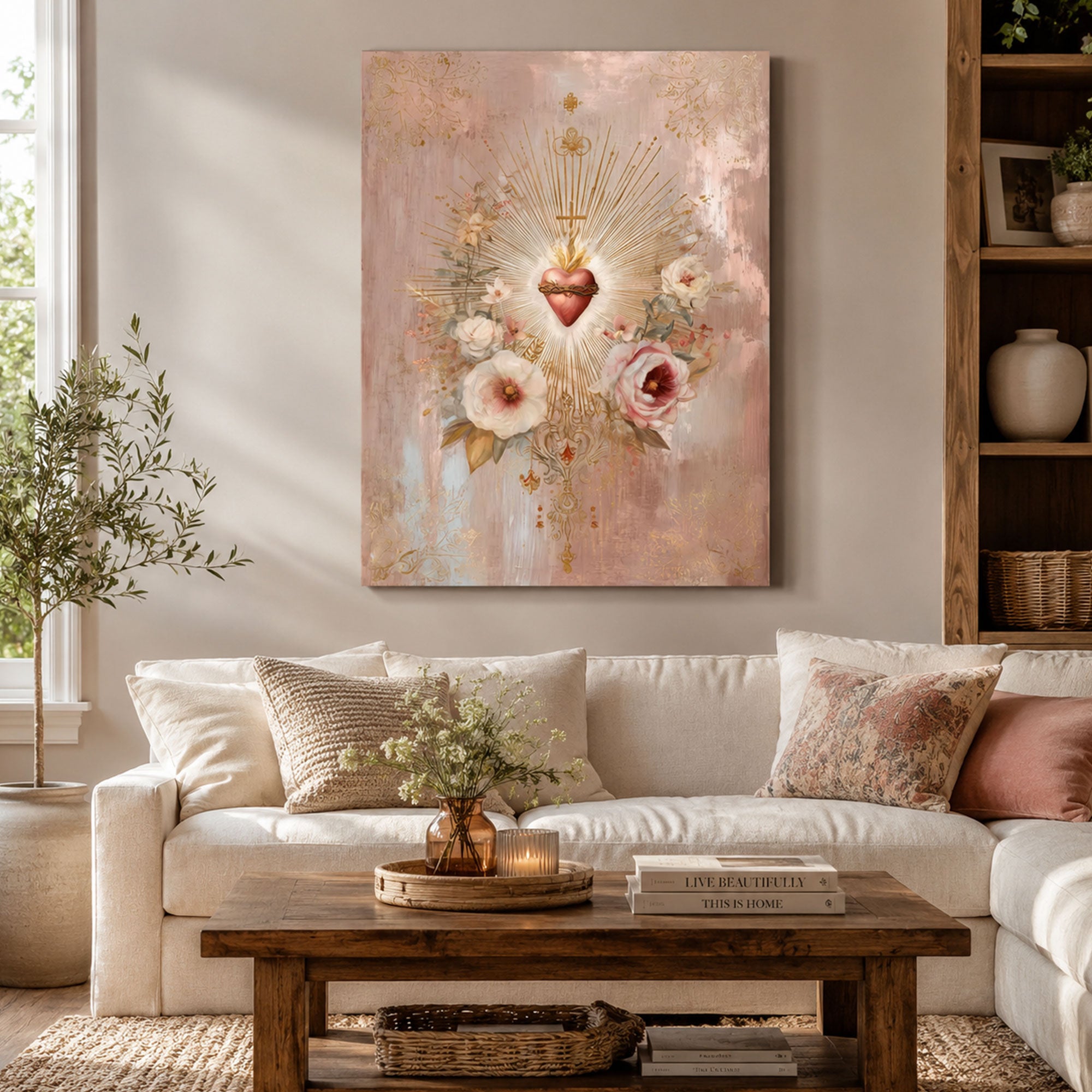 Sacred Heart Floral Canvas Print, Catholic Christian Wall Art, Pink Gold Religious Home Decor, Faith Gift