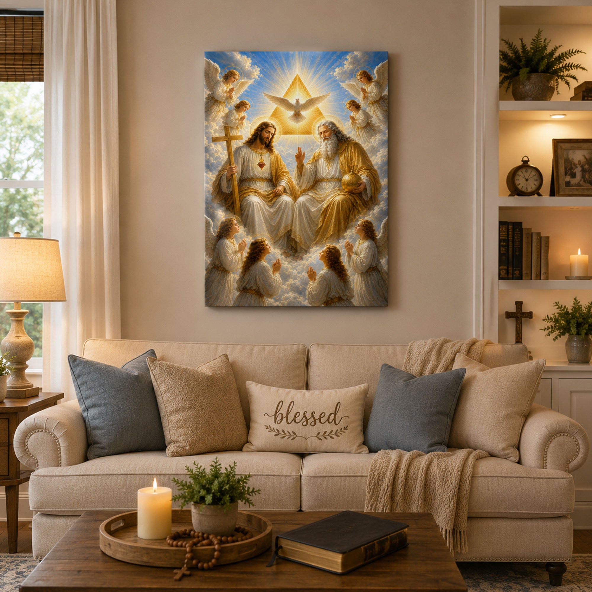 Holy Trinity with Angels Canvas Print, Catholic Christian Wall Art, Heavenly Faith Home Decor Gift