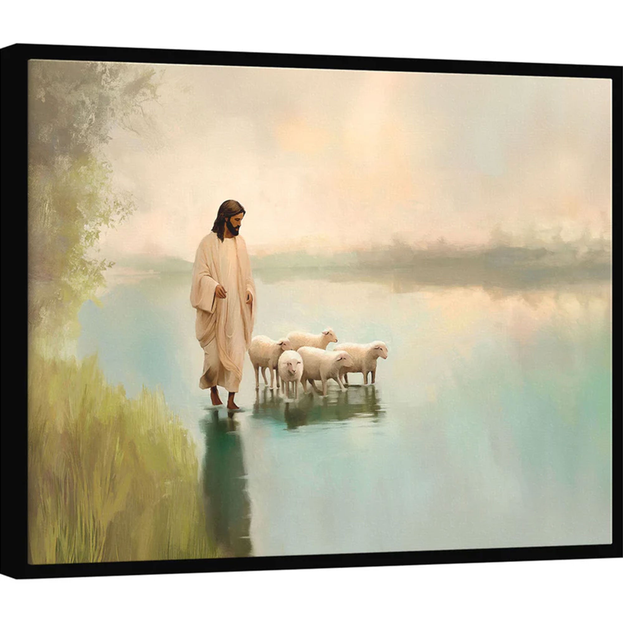 Jesus and the Flock Canvas Print, Minimalist Christian Wall Art, Inspirational Faith Decor, Good Shepherd Artwork