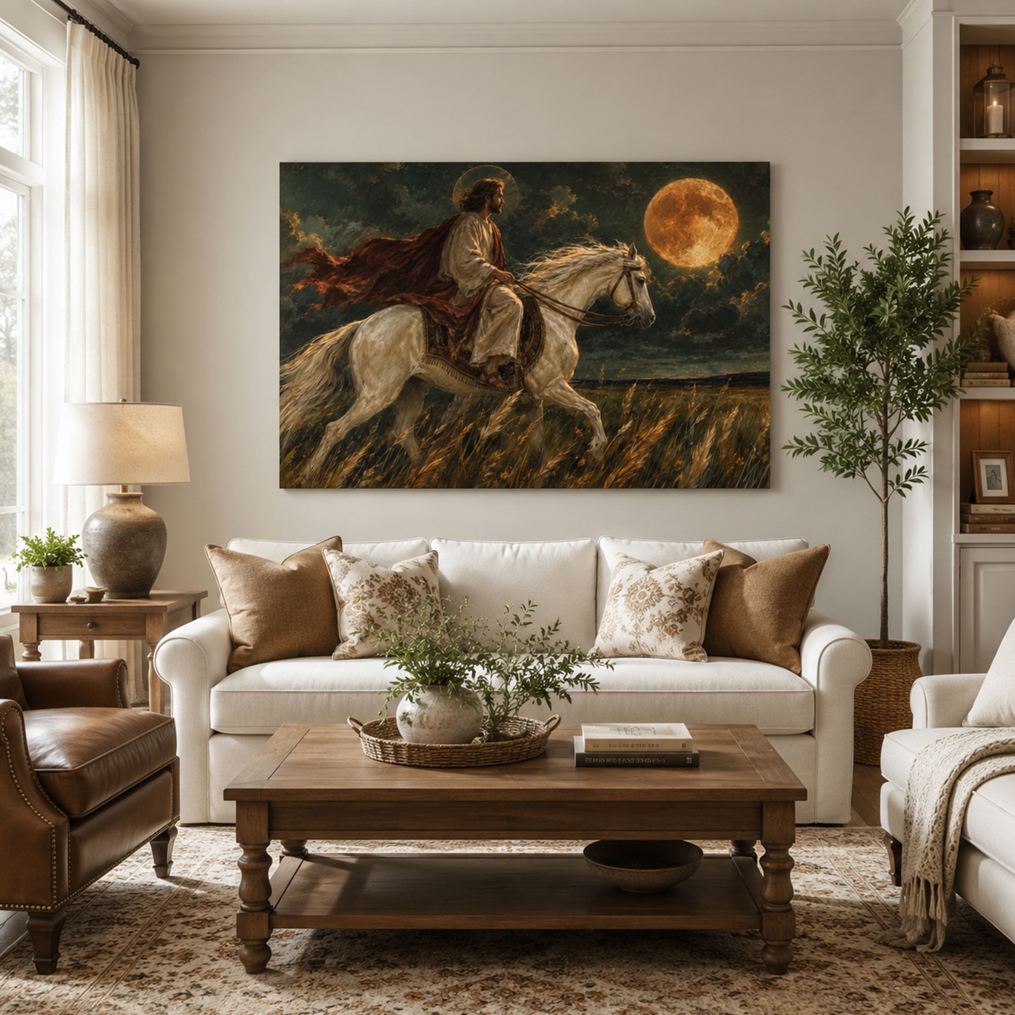 Jesus with White Horse byJesus Riding a White Horse Under the Moon Canvas Print, Christian Home Decor Waterfall Canvas Print