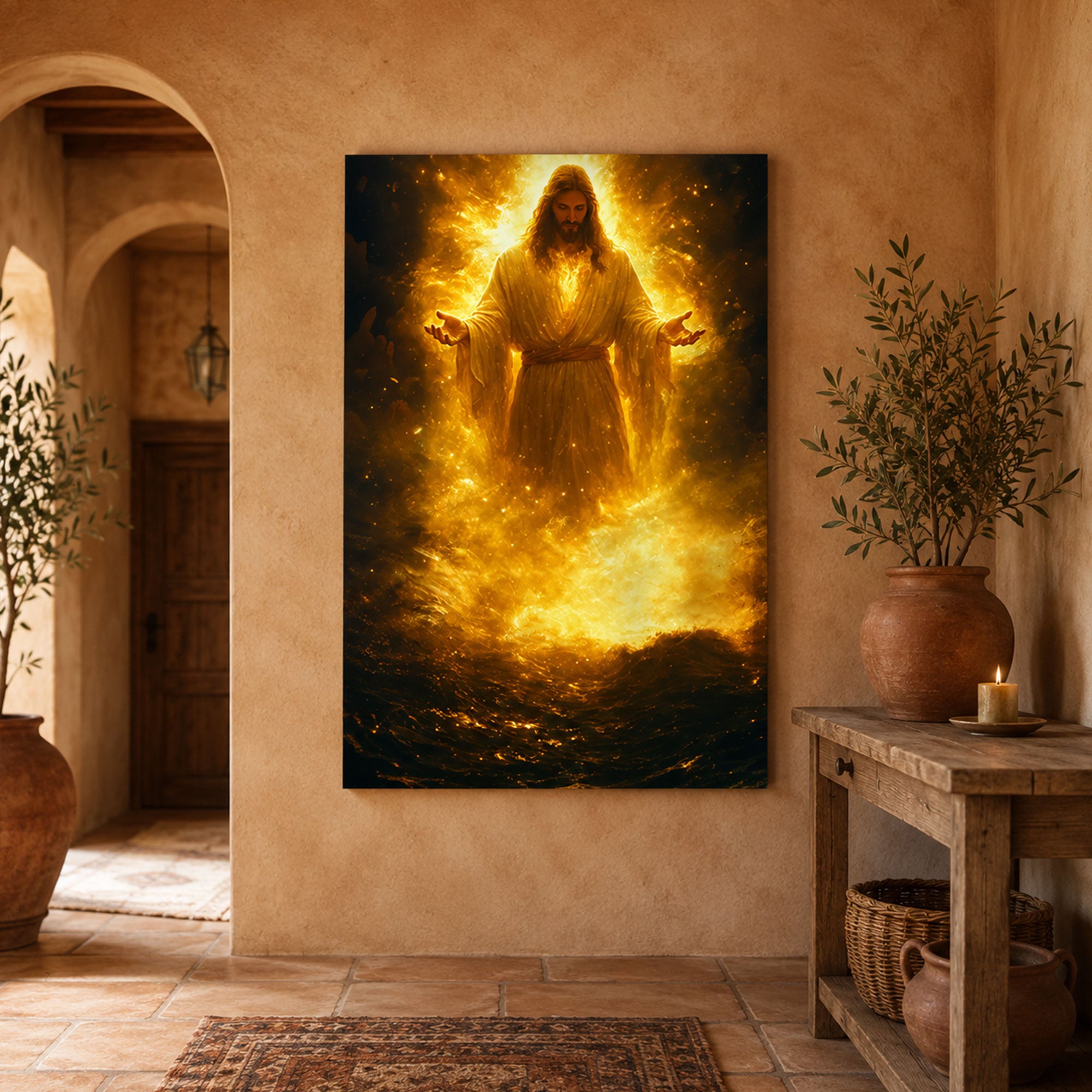 Jesus Glowing In Divine Fire Canvas Art Radiant Light Savior Poster Christian Power Wall Print For Church Prayer Room Or Faith Home Decor