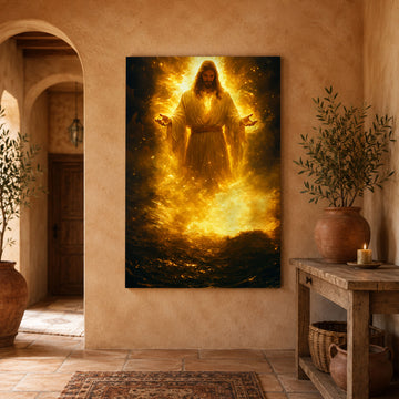 Jesus Glowing In Divine Fire Canvas Art Radiant Light Savior Poster Christian Power Wall Print For Church Prayer Room Or Faith Home Decor