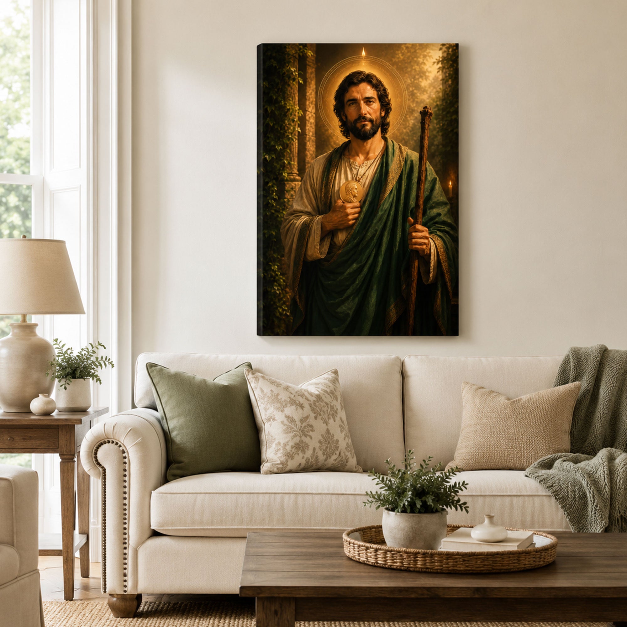Saint Jude Thaddeus with Medallion Canvas Print, Green Catholic Decor