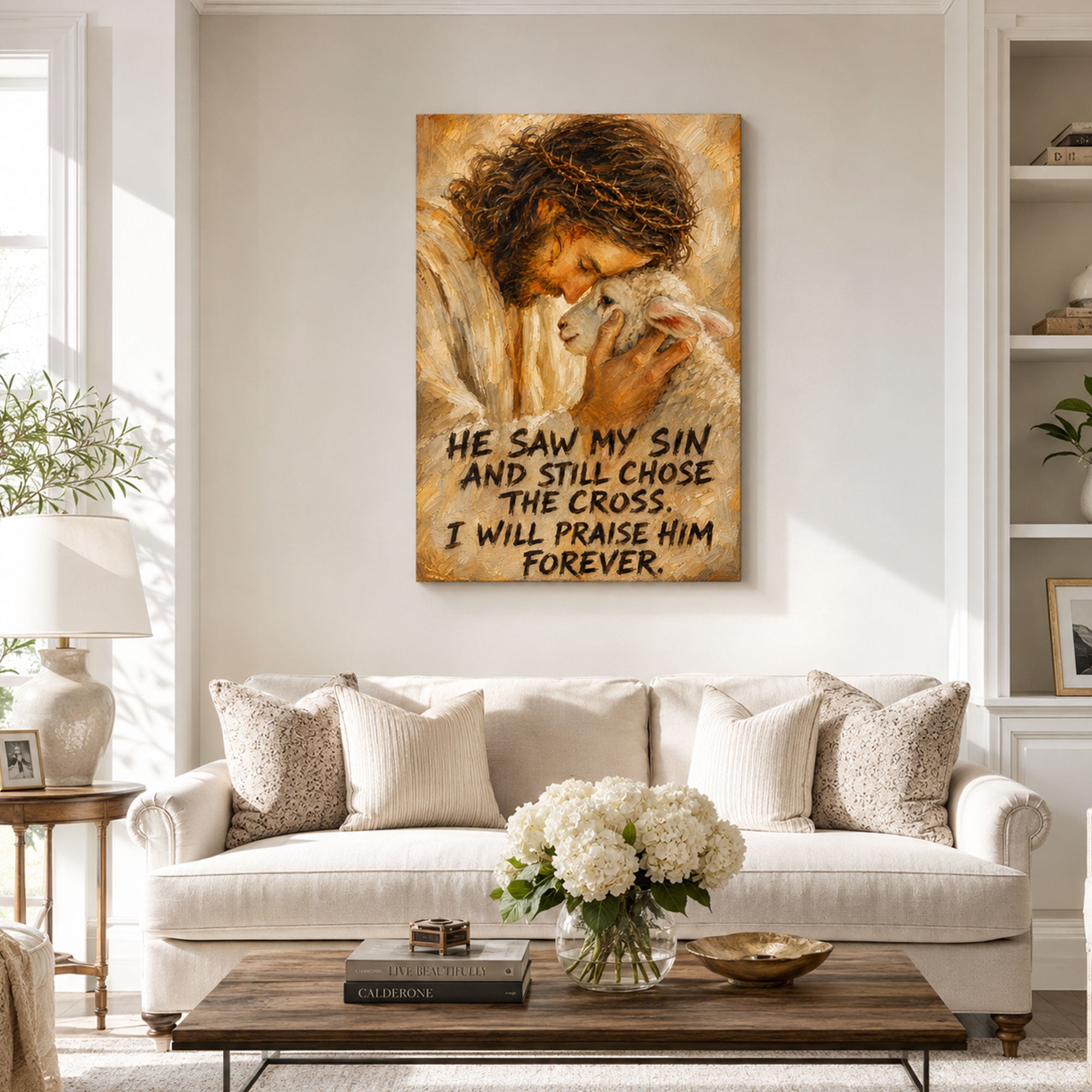He Saw My Sin and Still Chose the Cross Canvas Print, Jesus and Lamb Christian Wall Decor, Faith Gift