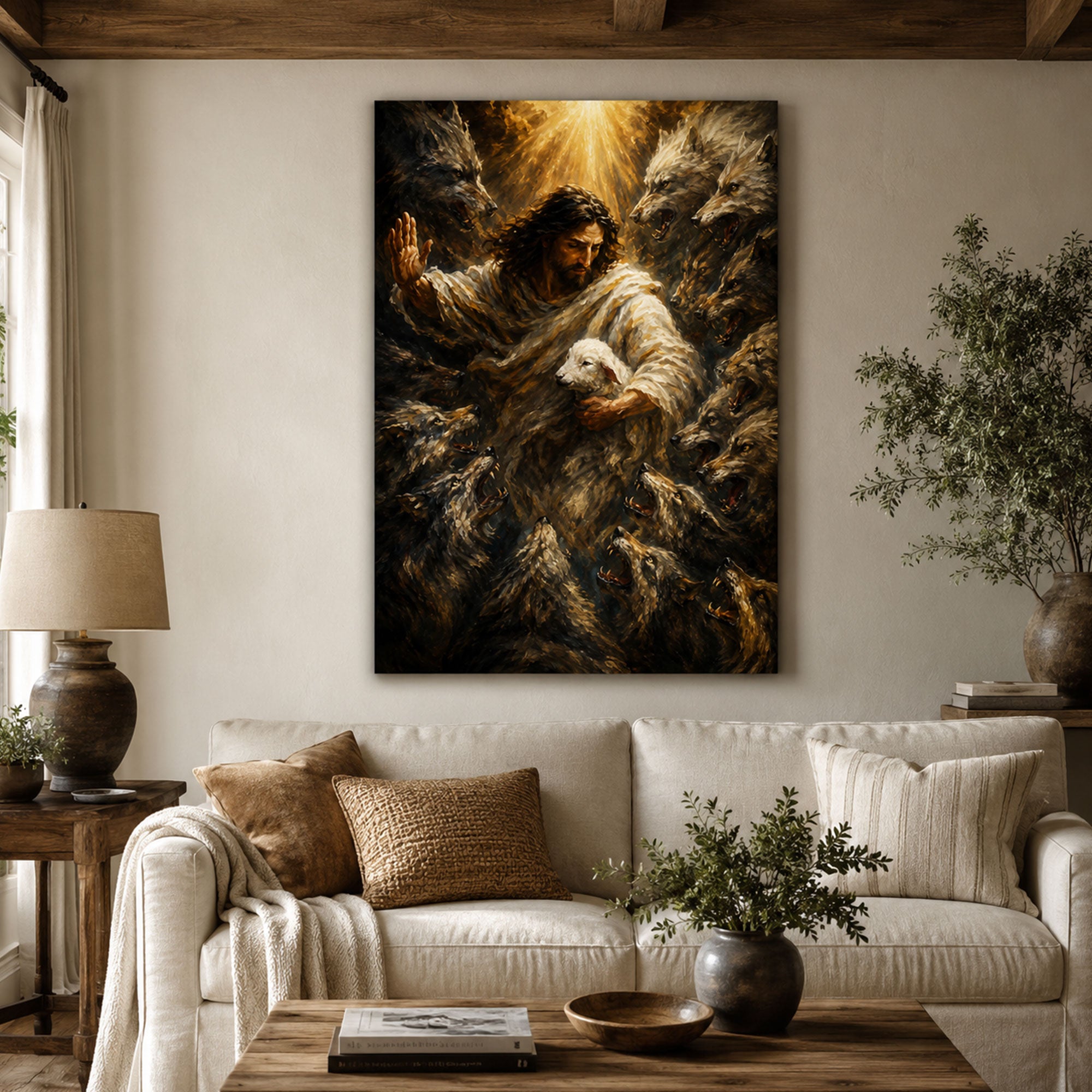 Jesus Protecting the Lamb Canvas Print, Good Shepherd Christian Wall Art, Faith Home Decor Gift