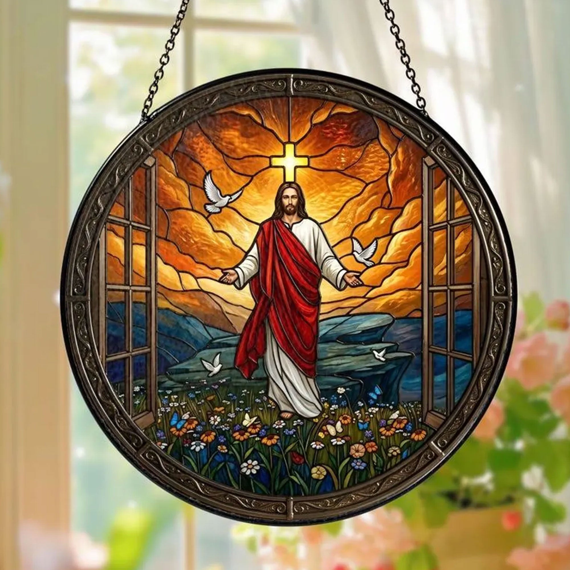 Jesus Stained Glass Suncatcher, Christian Window Hanging Decor, Religious Art Gift for Home