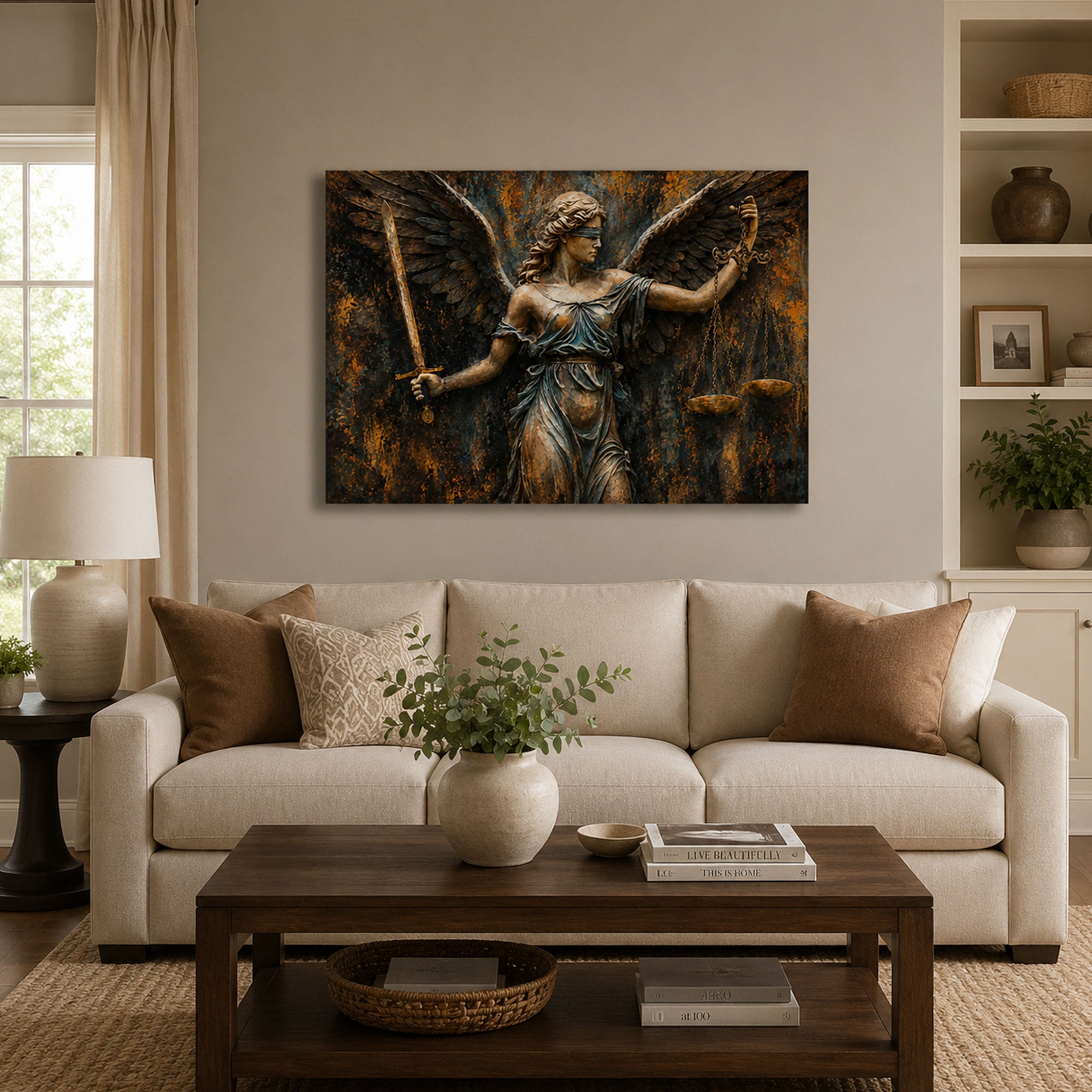 Angel of Justice Panoramic Canvas Print, Winged Angel with Sword and Scales Christian Wall Art, Faith Home Decor Gift
