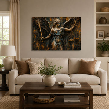 Angel of Justice Panoramic Canvas Print, Winged Angel with Sword and Scales Christian Wall Art, Faith Home Decor Gift