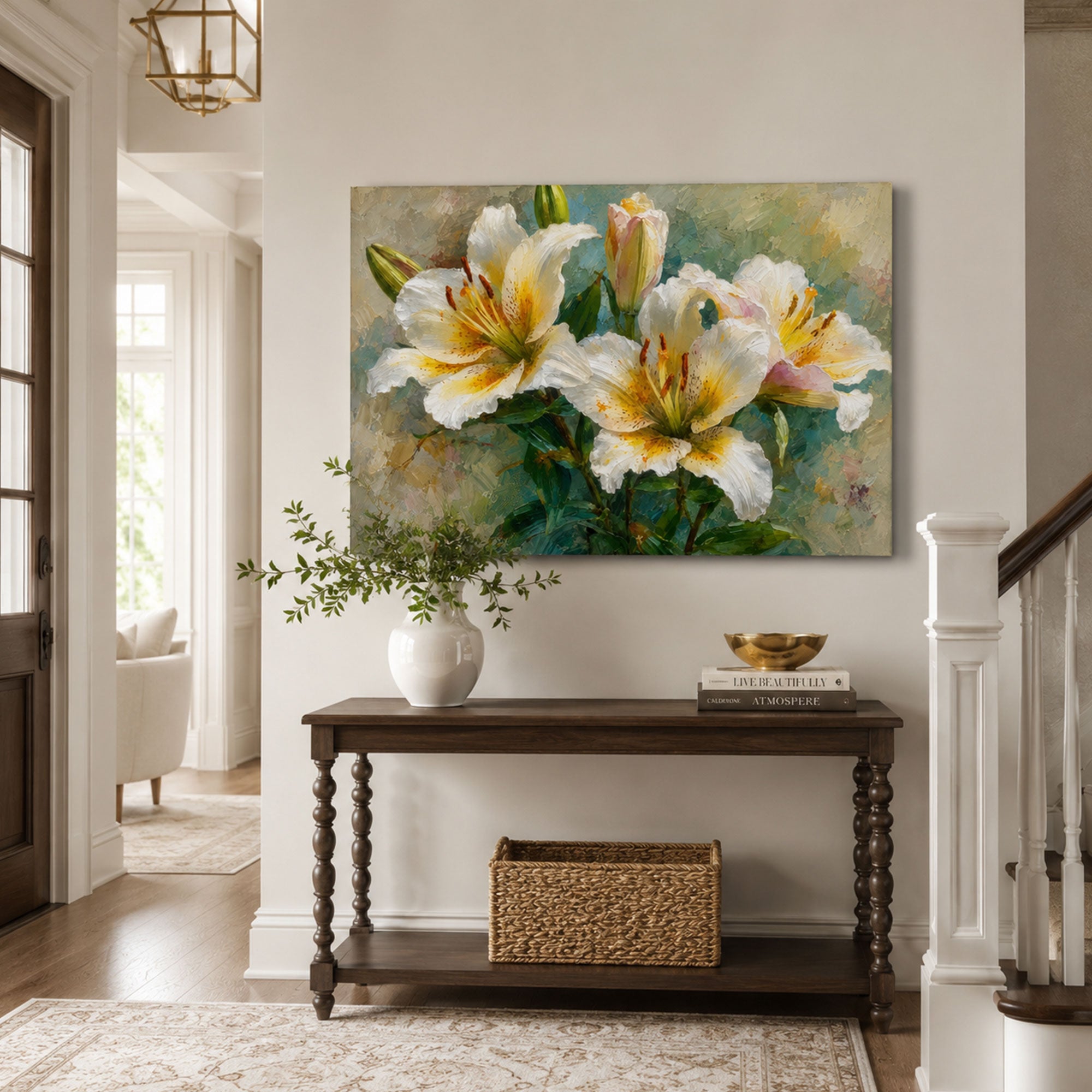 White Lily Floral Canvas Print, Elegant Home Decor