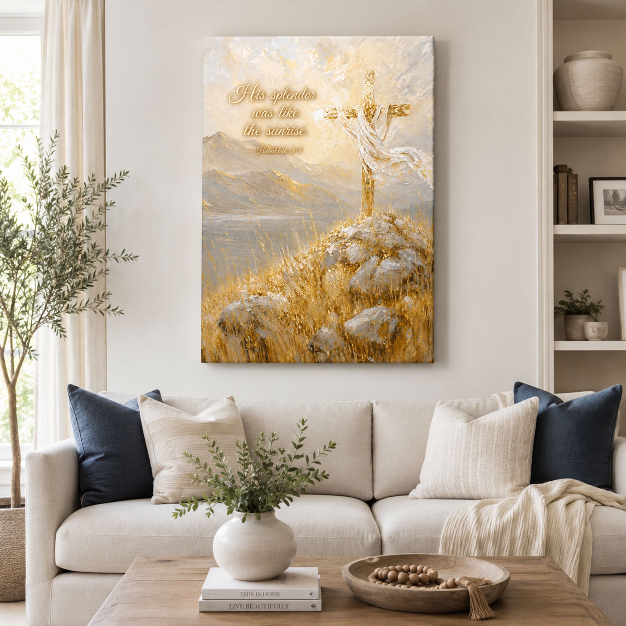 Habakkuk 3:4 Cross Canvas Print, His Splendor Was Like the Sunrise, Christian Wall Decor
