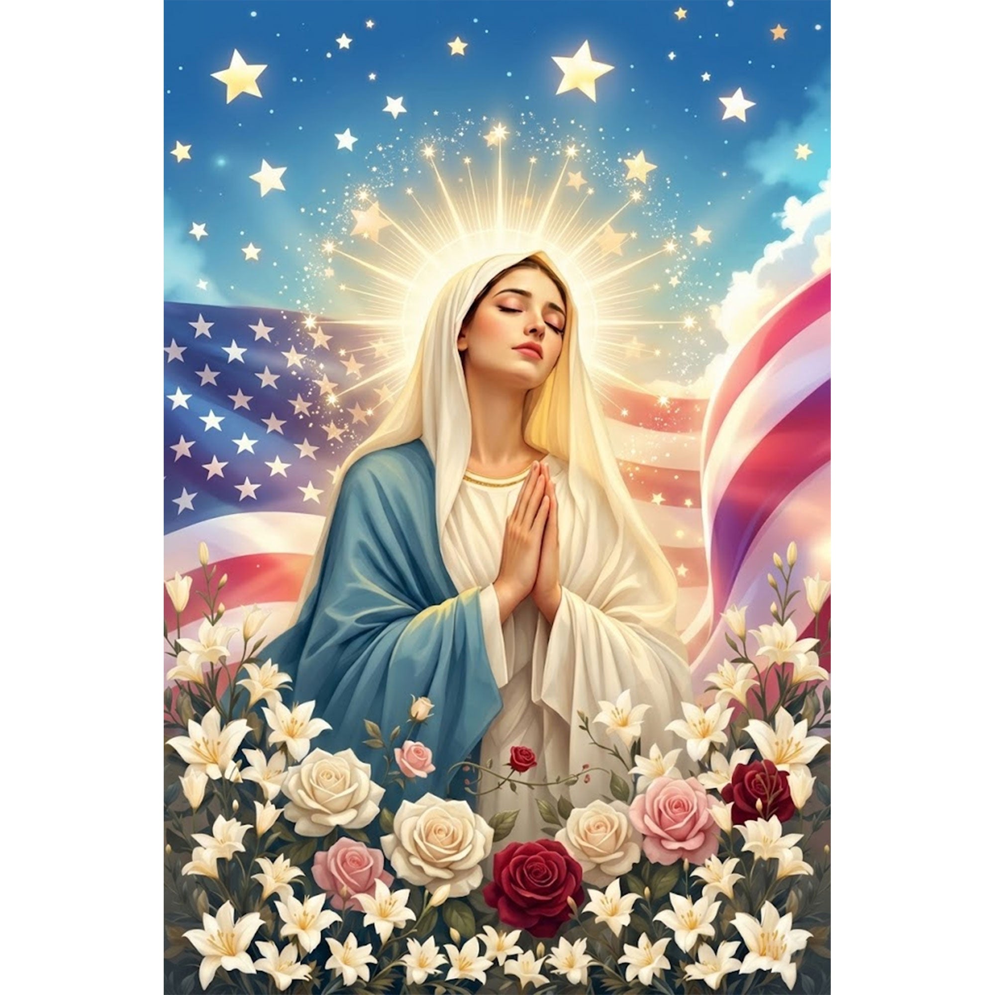 Virgin Mary Prayer Canvas Print, Blessed Mother Wall Art, Faith and Protection Artwork, Patriotic Christian Decor, Inspirational Spiritual Gift