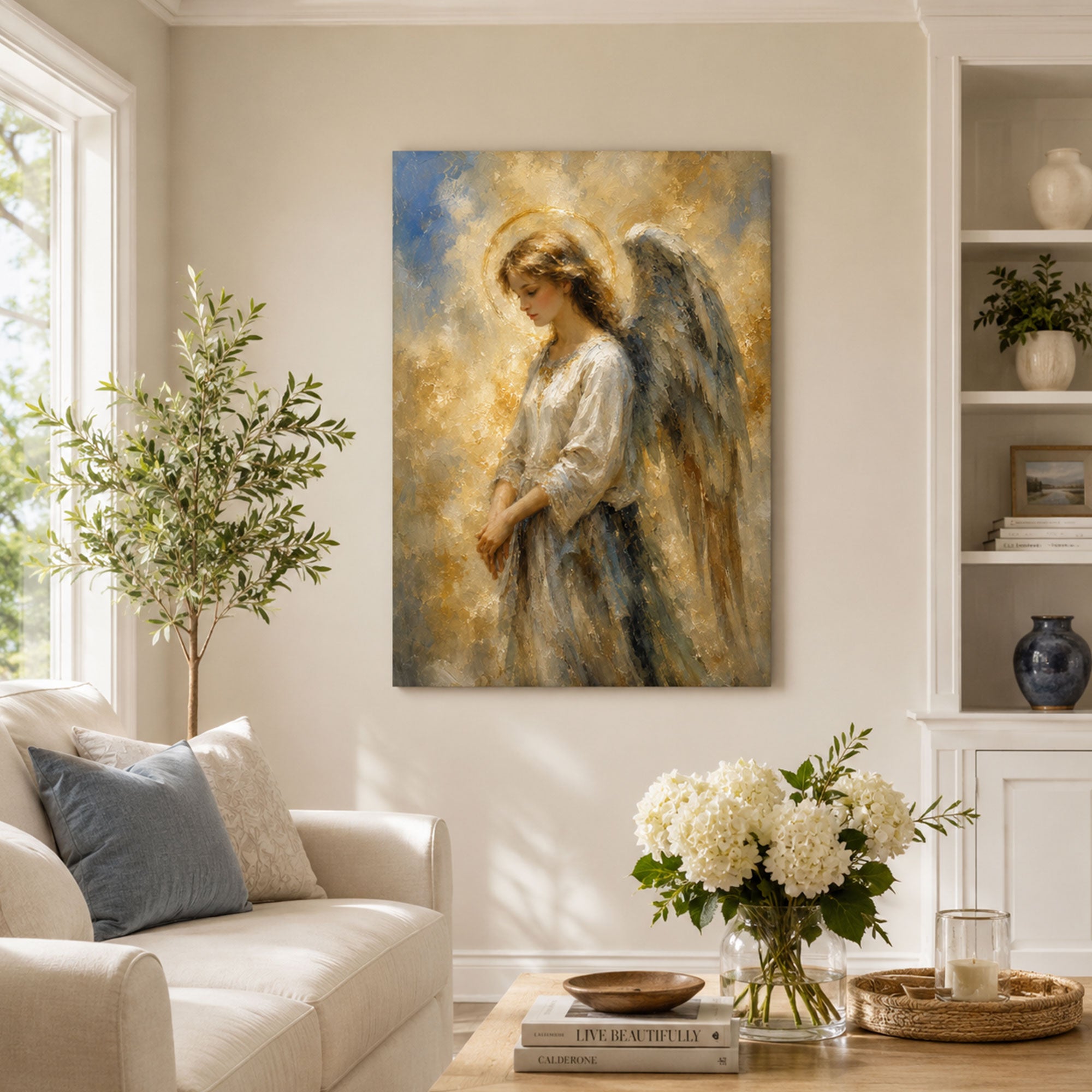 Guardian Angel in Quiet Prayer Canvas Print, Soft Gold Christian Decor
