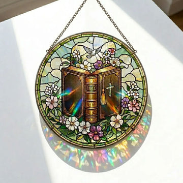 Open Bible Stained Glass Suncatcher with Dove, Christian Window Decor, Faith Gift