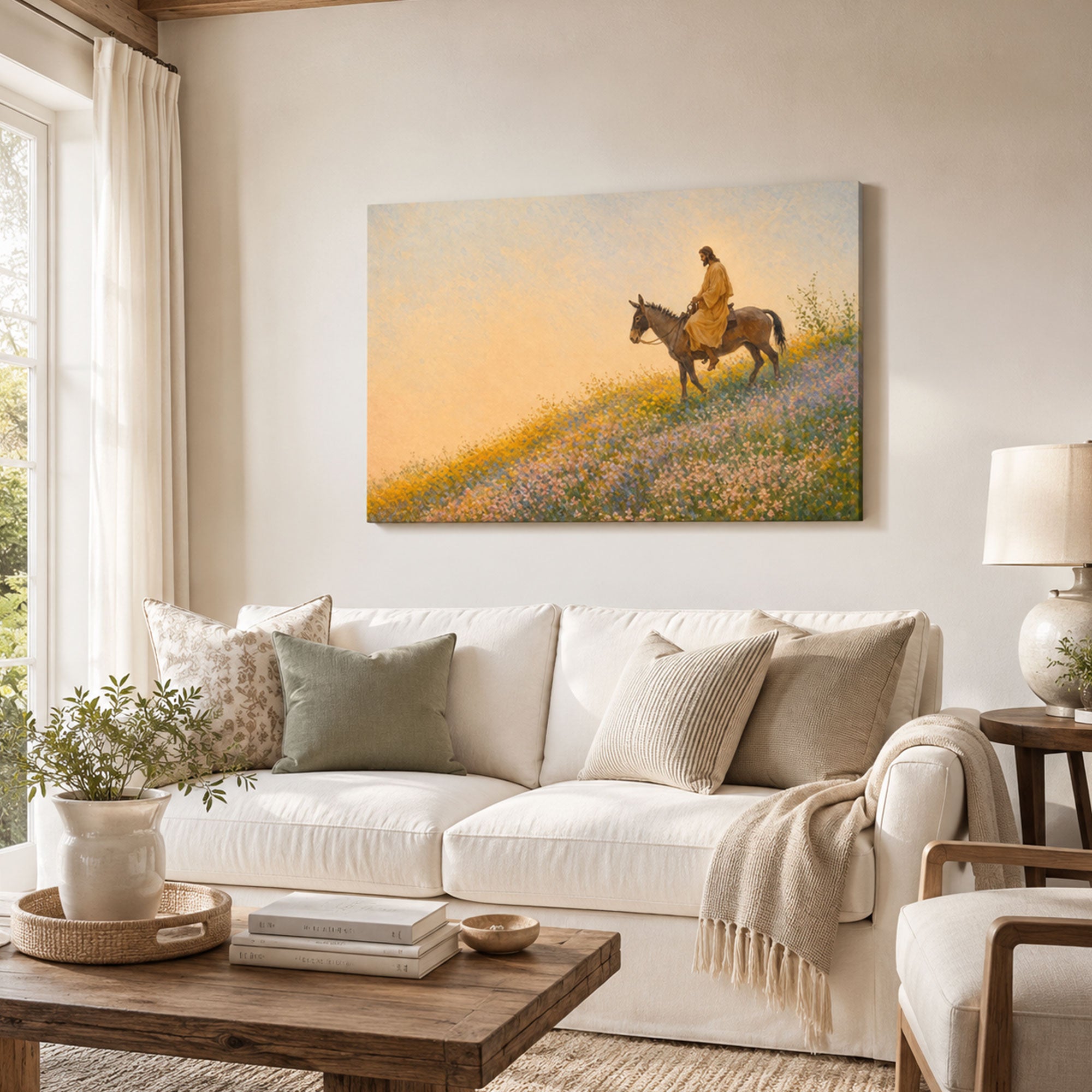 Jesus Riding a Donkey Through Wildflowers Canvas Print, Christian Faith Decor
