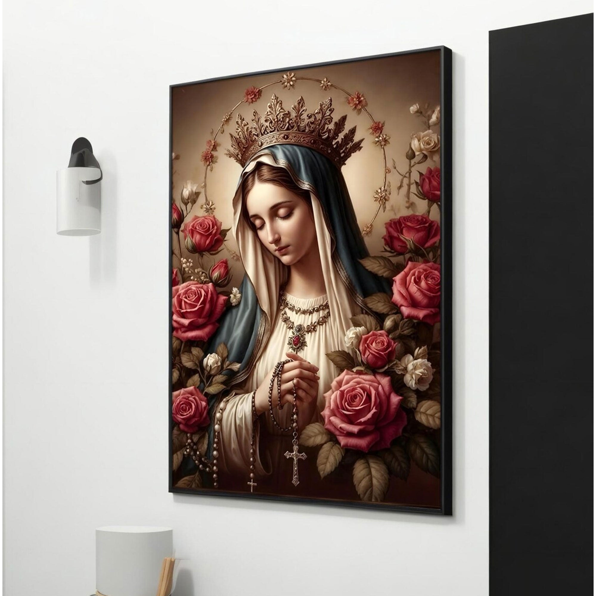 Virgin Mary Floral Canvas Print, Blessed Mother Portrait Wall Art, Catholic Faith Decor, Sacred Christian Gift, Ready to Hang