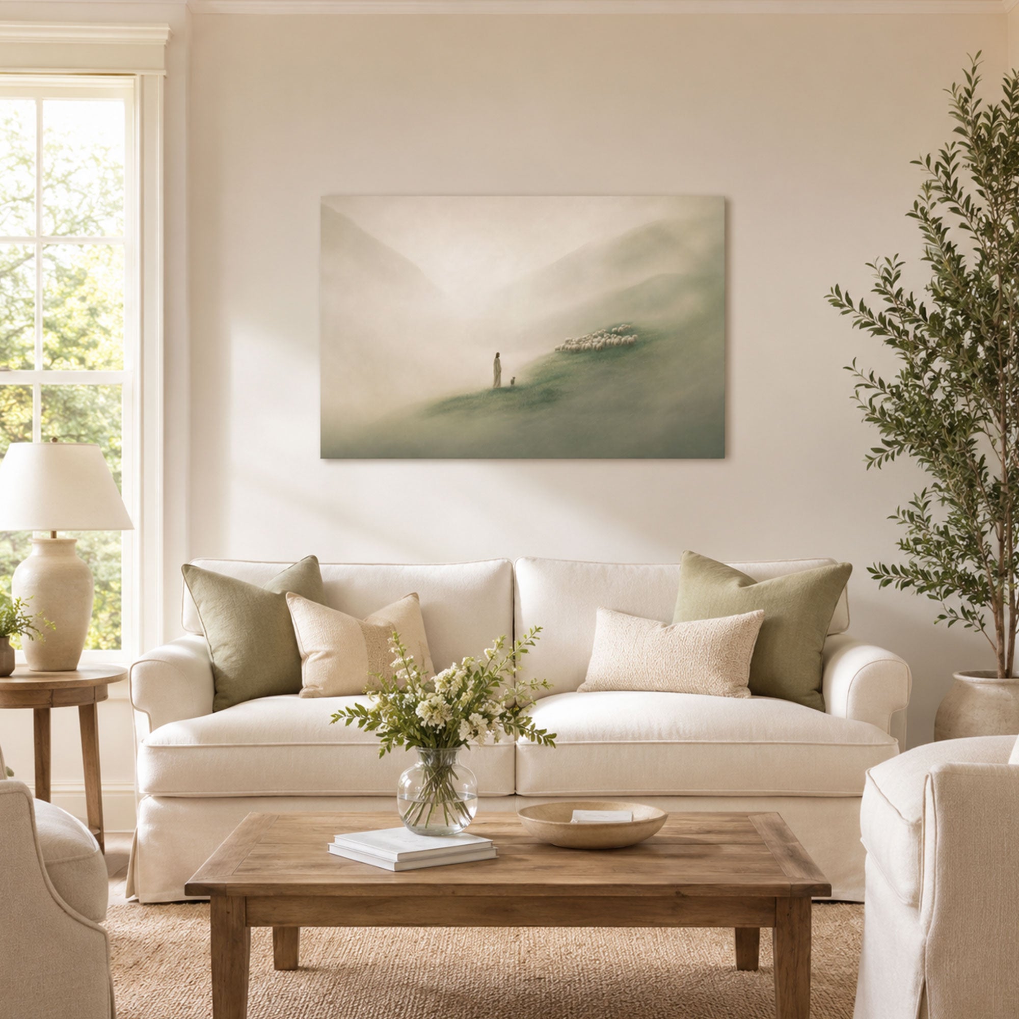 Jesus Reuniting the Lamb with the Flock Canvas Print, Misty Hills Christian Decor