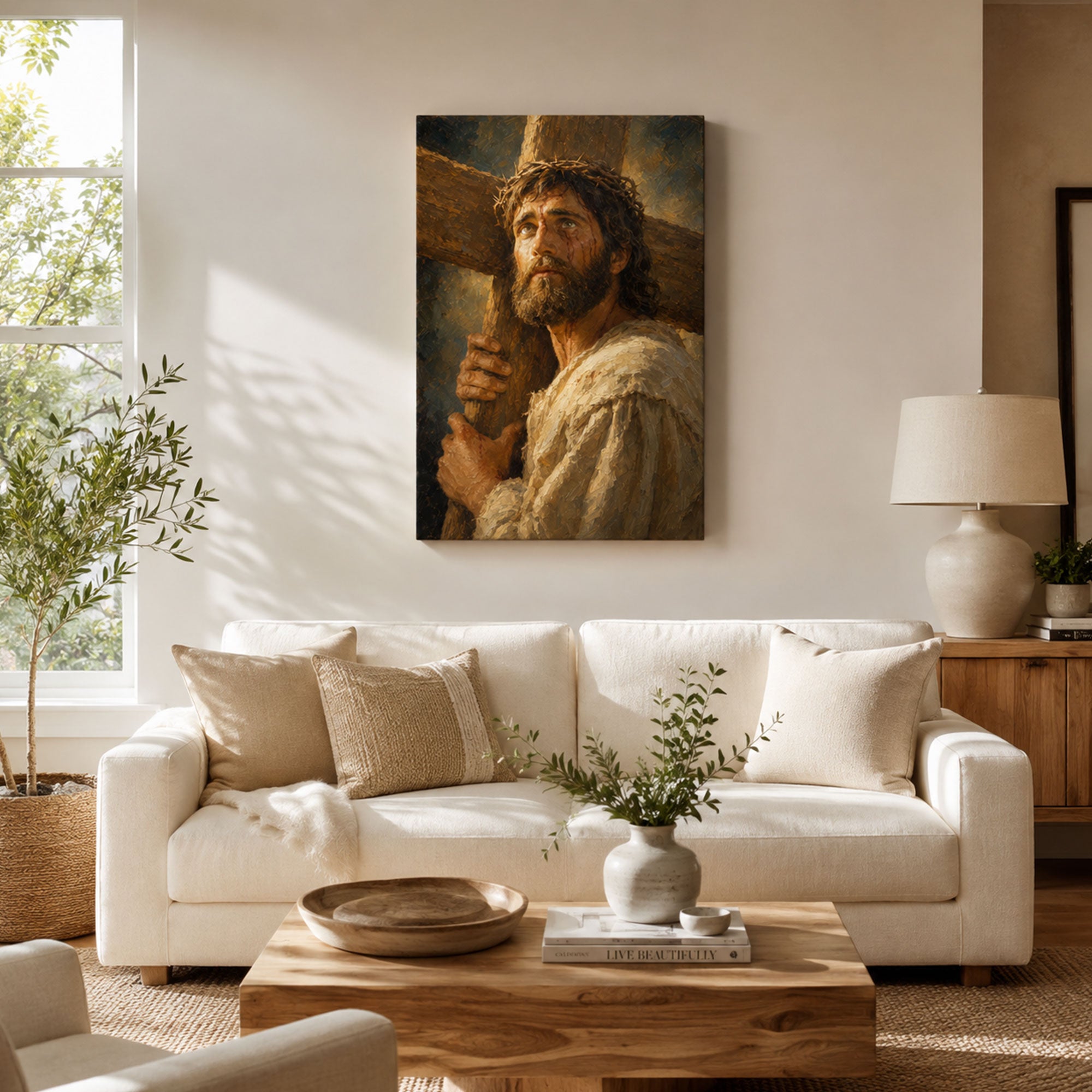 Jesus Carrying the Cross Canvas Print, Crown of Thorns Christian Wall Decor, Faith Gift