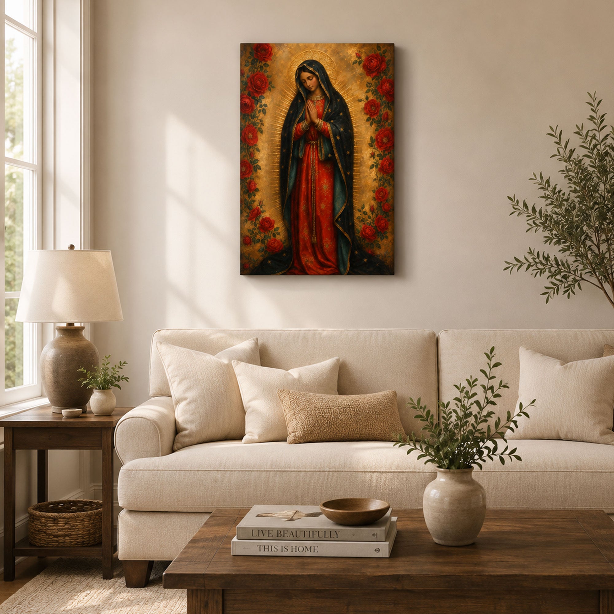 Our Lady of Guadalupe with Roses Canvas Print, Virgin Mary Catholic Wall Decor, Marian Faith Gift