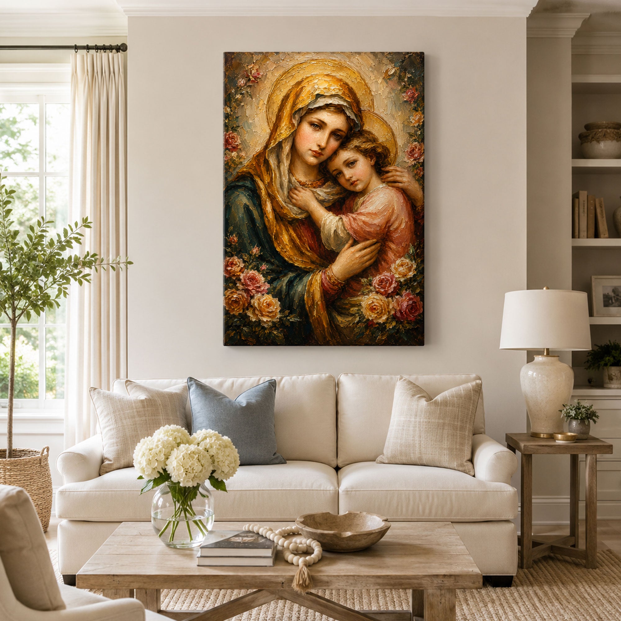 Saint Anne Embracing Young Mary Among Roses Canvas Print, Catholic Decor