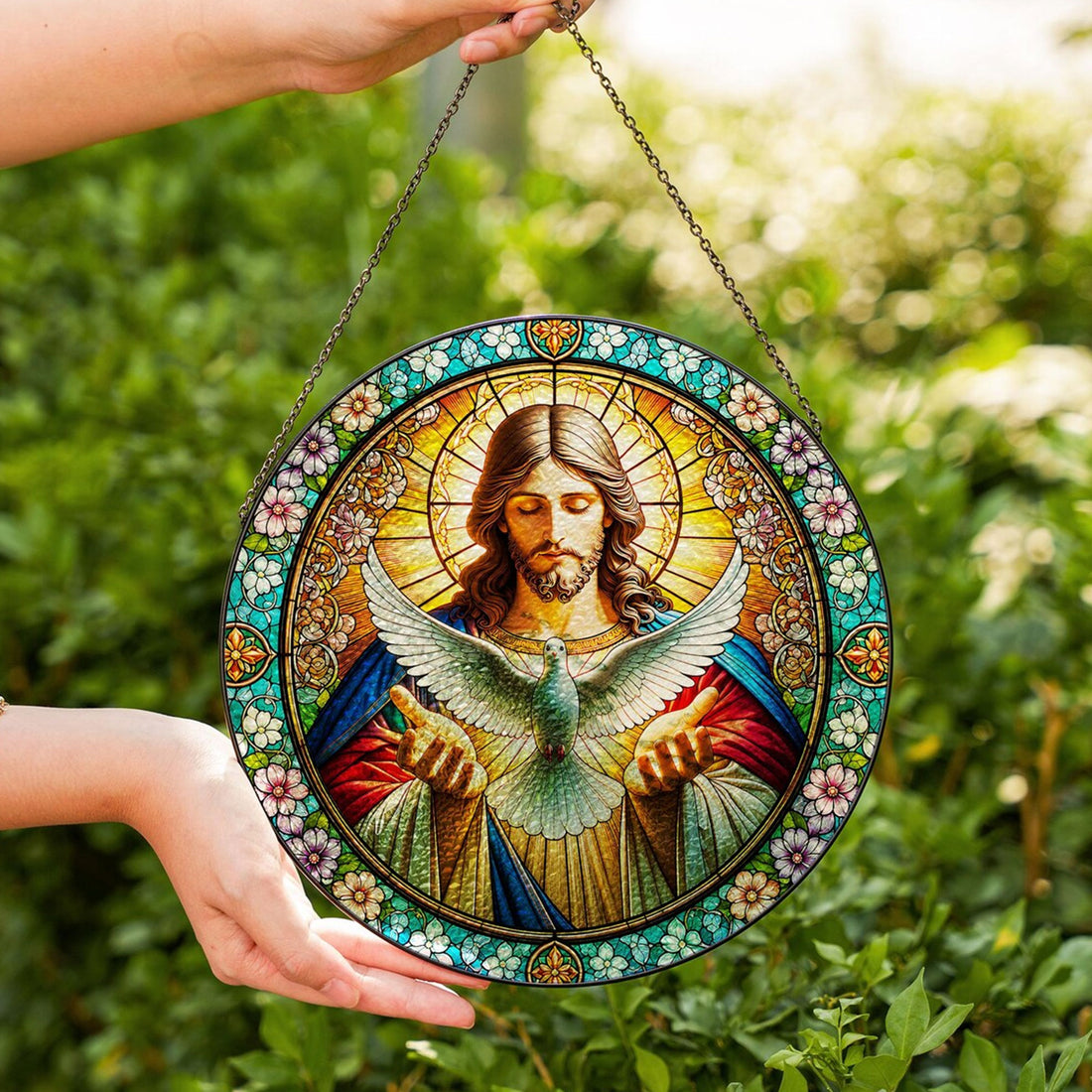 Jesus and Holy Spirit Dove Stained Glass Suncatcher, Christian Window Hanging, Religious Home Decor Gift