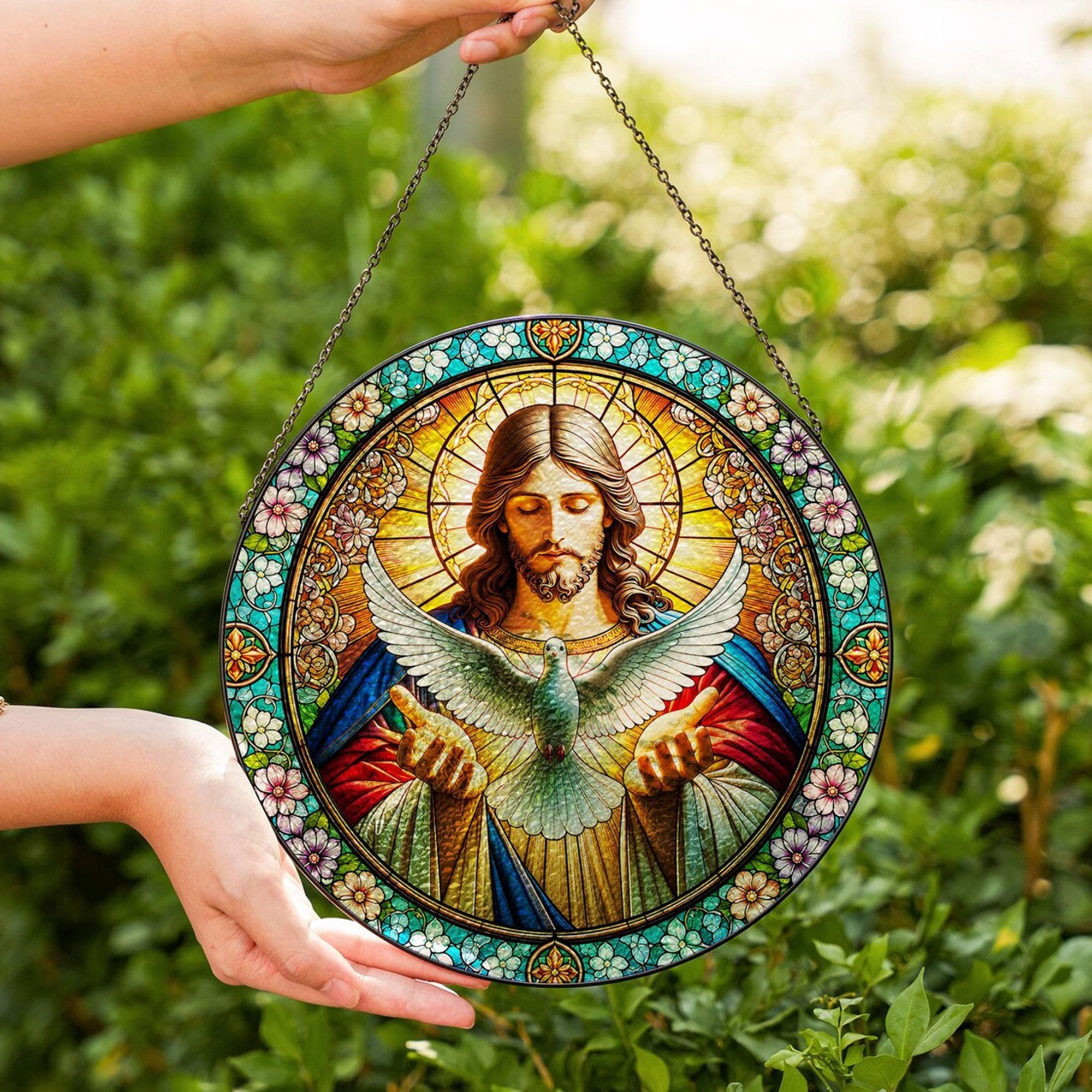Jesus and Holy Spirit Dove Stained Glass Suncatcher, Christian Window Hanging, Religious Home Decor Gift