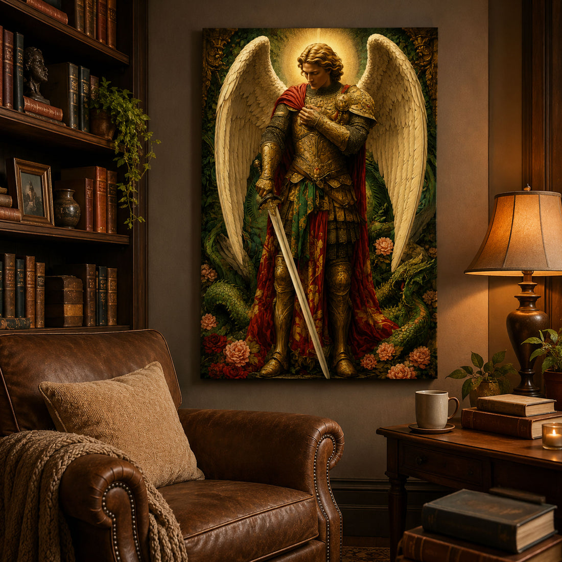 Saint Michael Archangel with Sword Canvas Print, Catholic Warrior Angel Wall Art, Faith Home Decor Gift