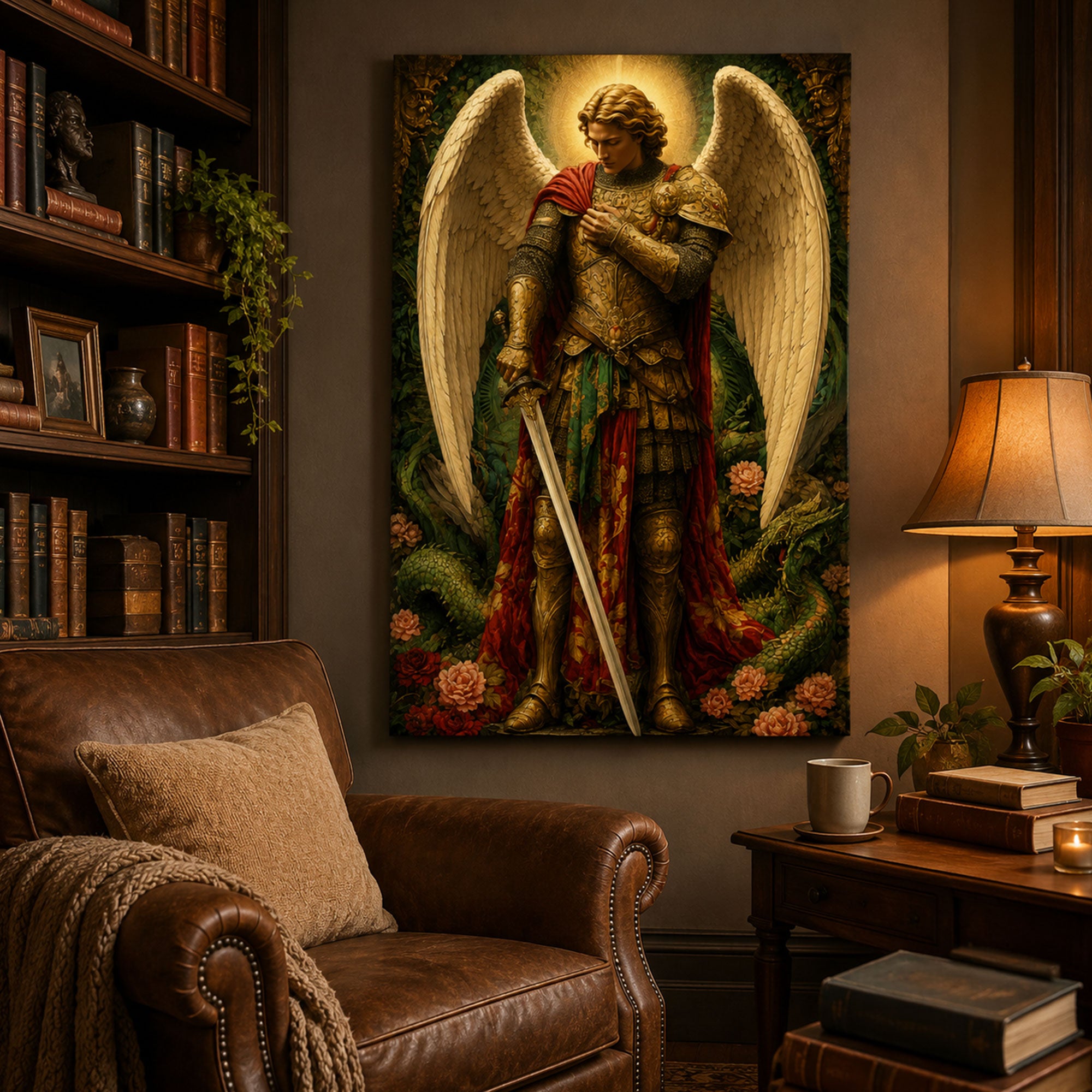 Saint Michael Archangel with Sword Canvas Print, Catholic Warrior Angel Wall Art, Faith Home Decor Gift